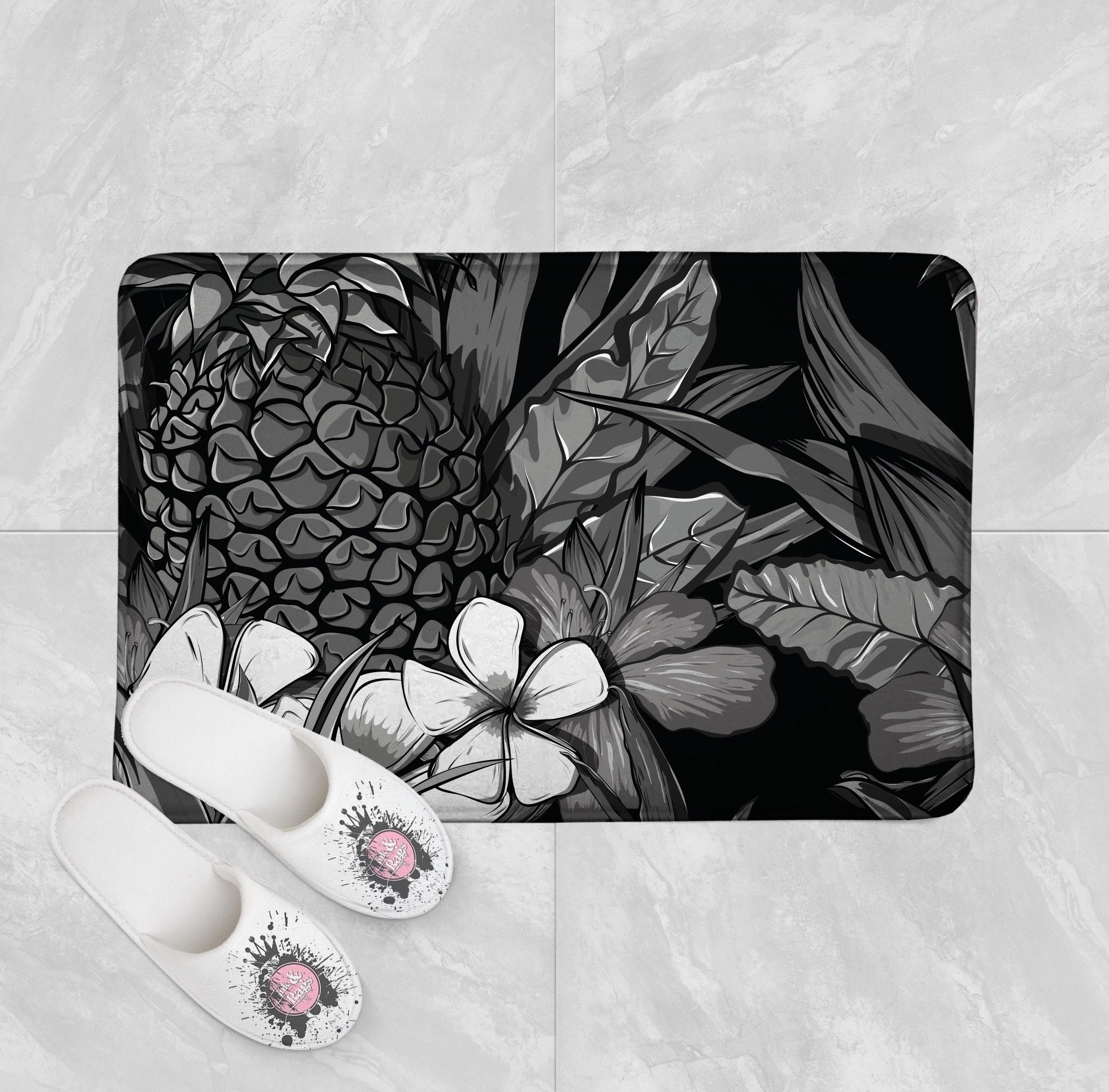Black and White Tropical Pineapple Shower Curtains and Optional Bath Mats