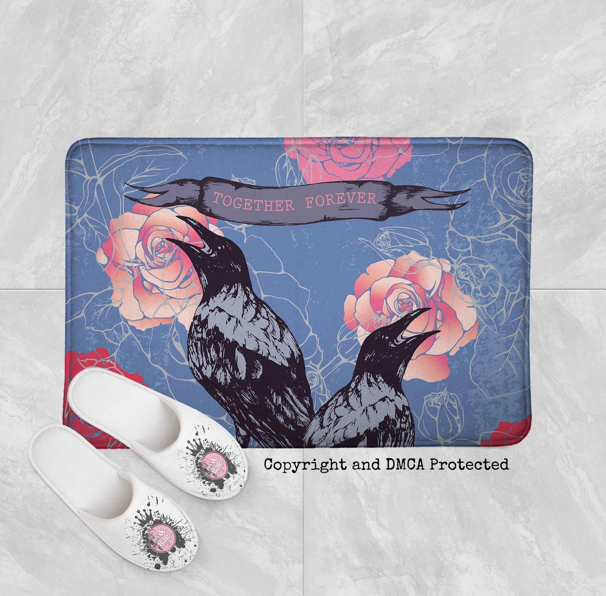 Black Bird Raven Crow Together Forever Shower Curtains and Optional Bath Mats