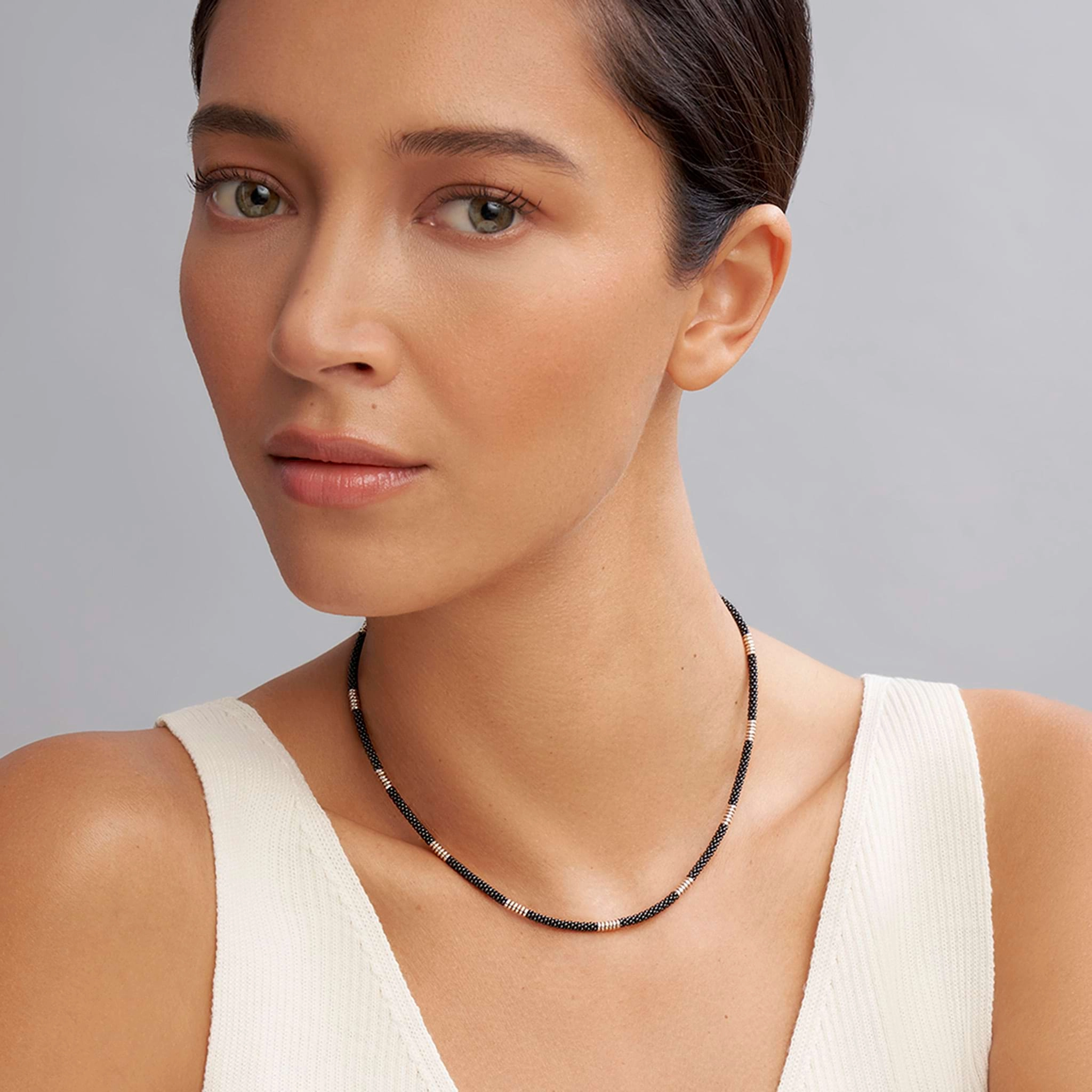 Black Caviar Black Silver Station Ceramic Beaded Necklace