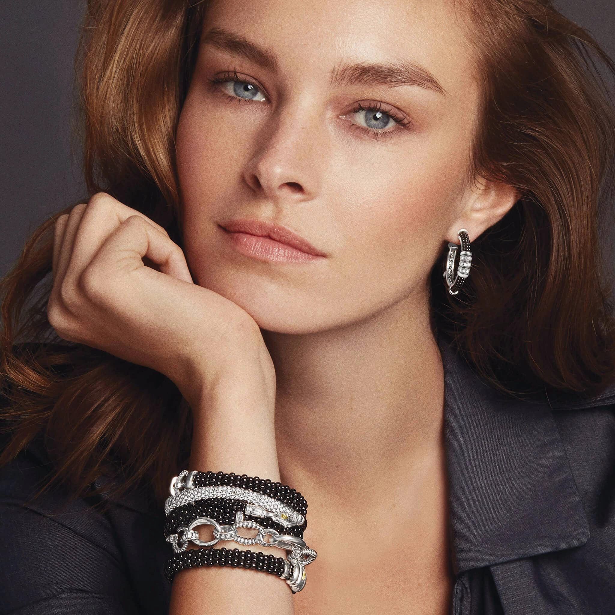 Black Caviar Ceramic Beaded Diamond Hoop Earrings