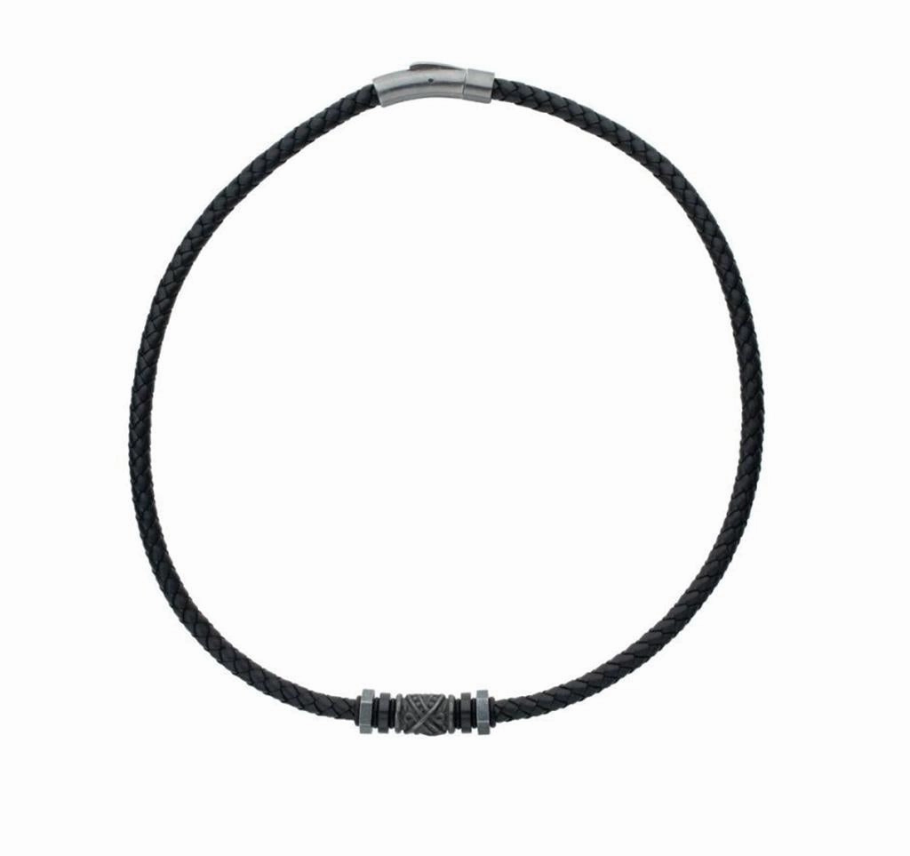 Black Full Grain Cowhide Leather Braided Necklace With Gun Metal Beads