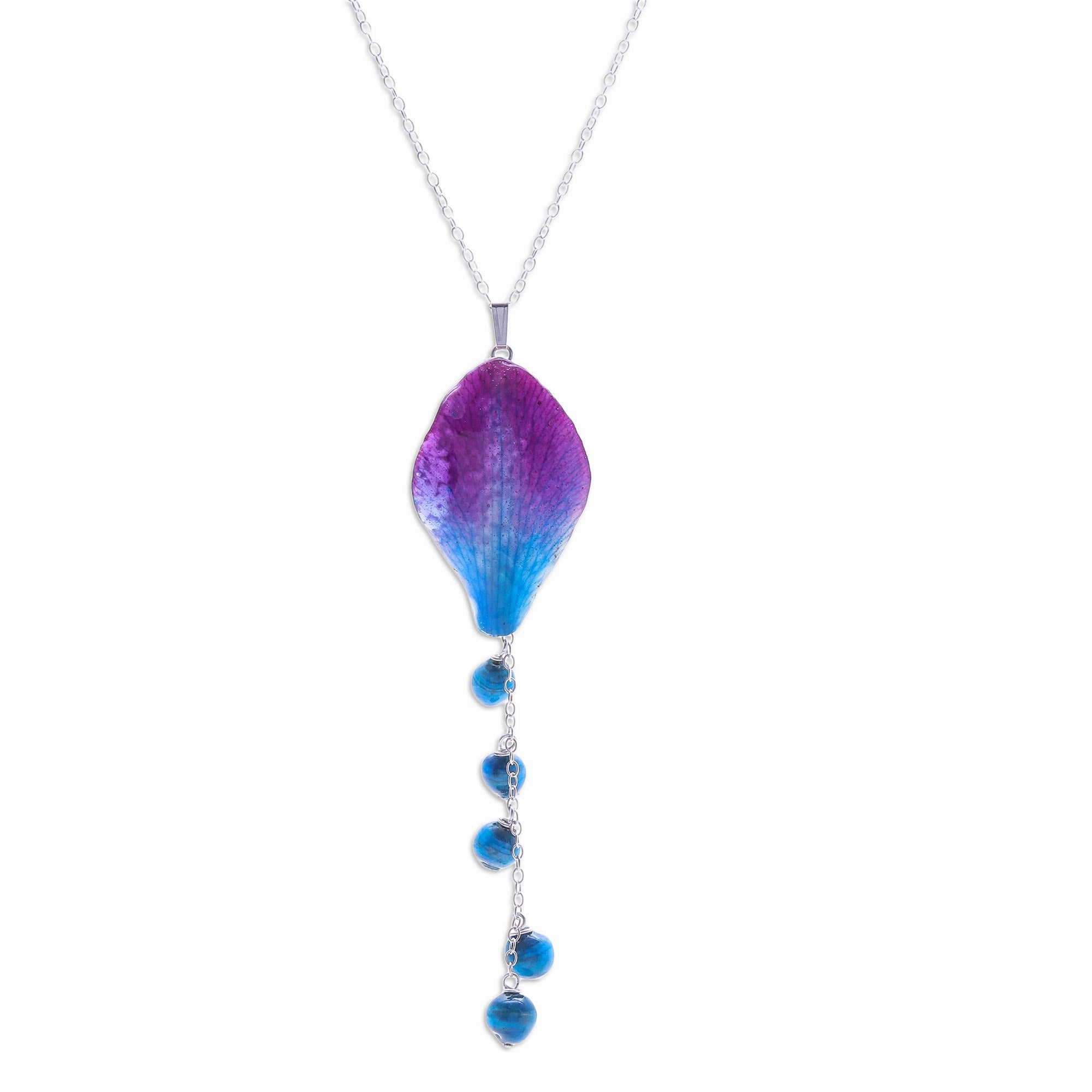 Bloom Balloon in Blue Artisan Crafted Orchid Petal Pendant Necklace