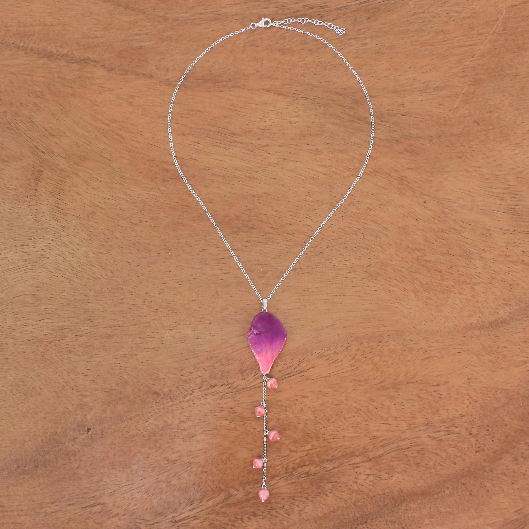 Bloom Balloon in Fuchsia Sterling Silver and Orchid Petal Pendant Necklace