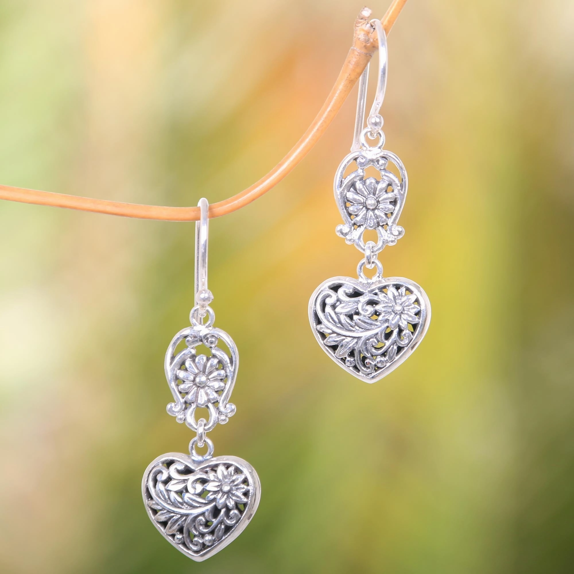 Blooming Hearts Heart-Shaped Sterling Silver Dangle Earrings from Bali
