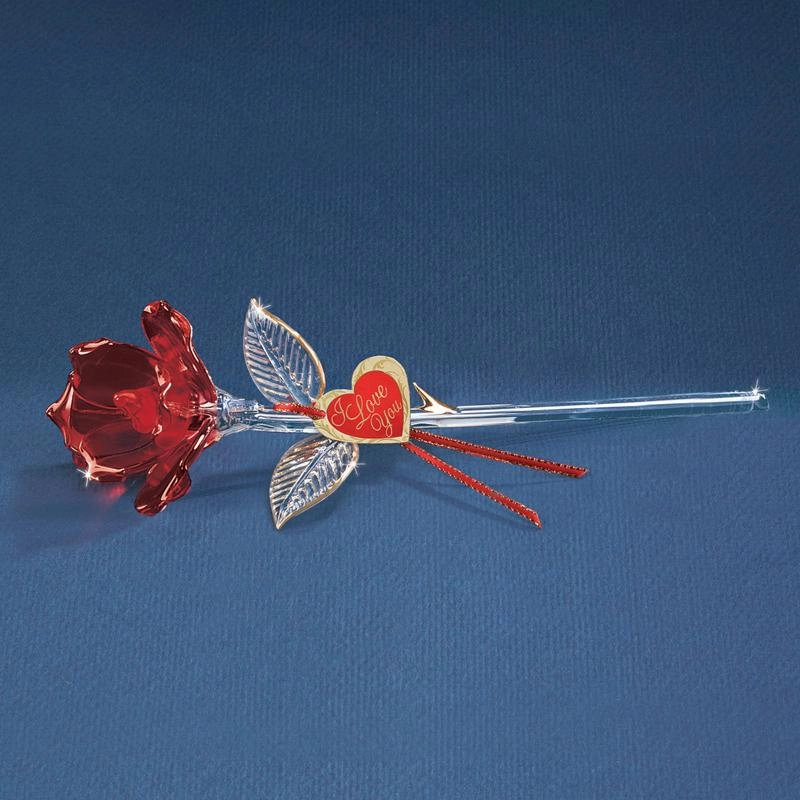 Blossoming Red Rose with 22Kt Gold Trimmed Long Stem Glass Figurine Decorative Mirror,Home Decor Mirror