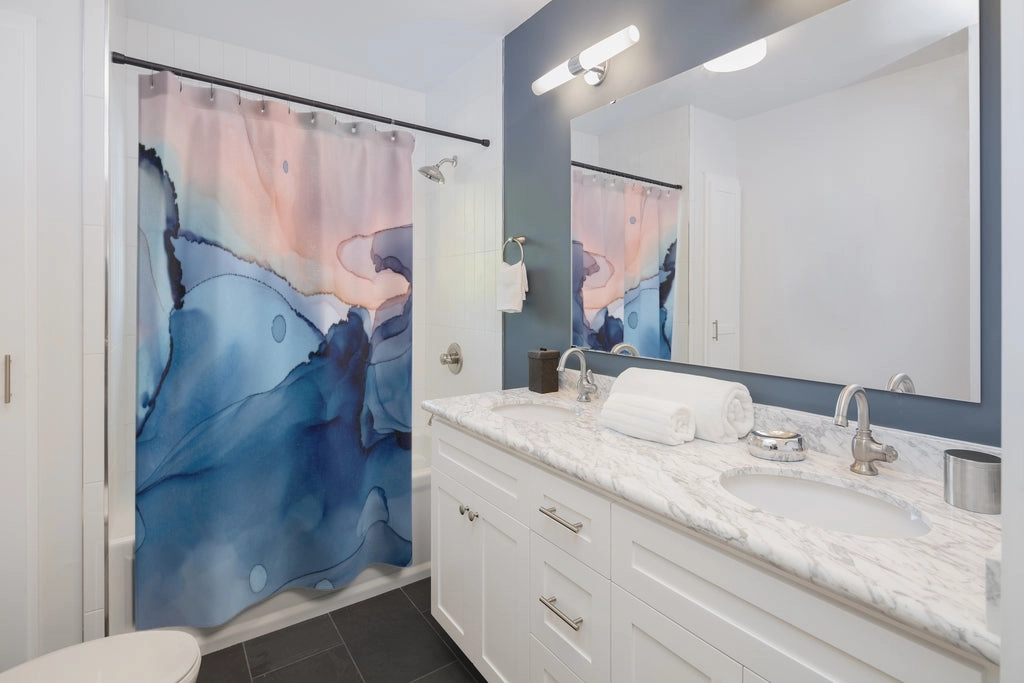 Blue and Pink Liquid Ink Print Shower Curtain