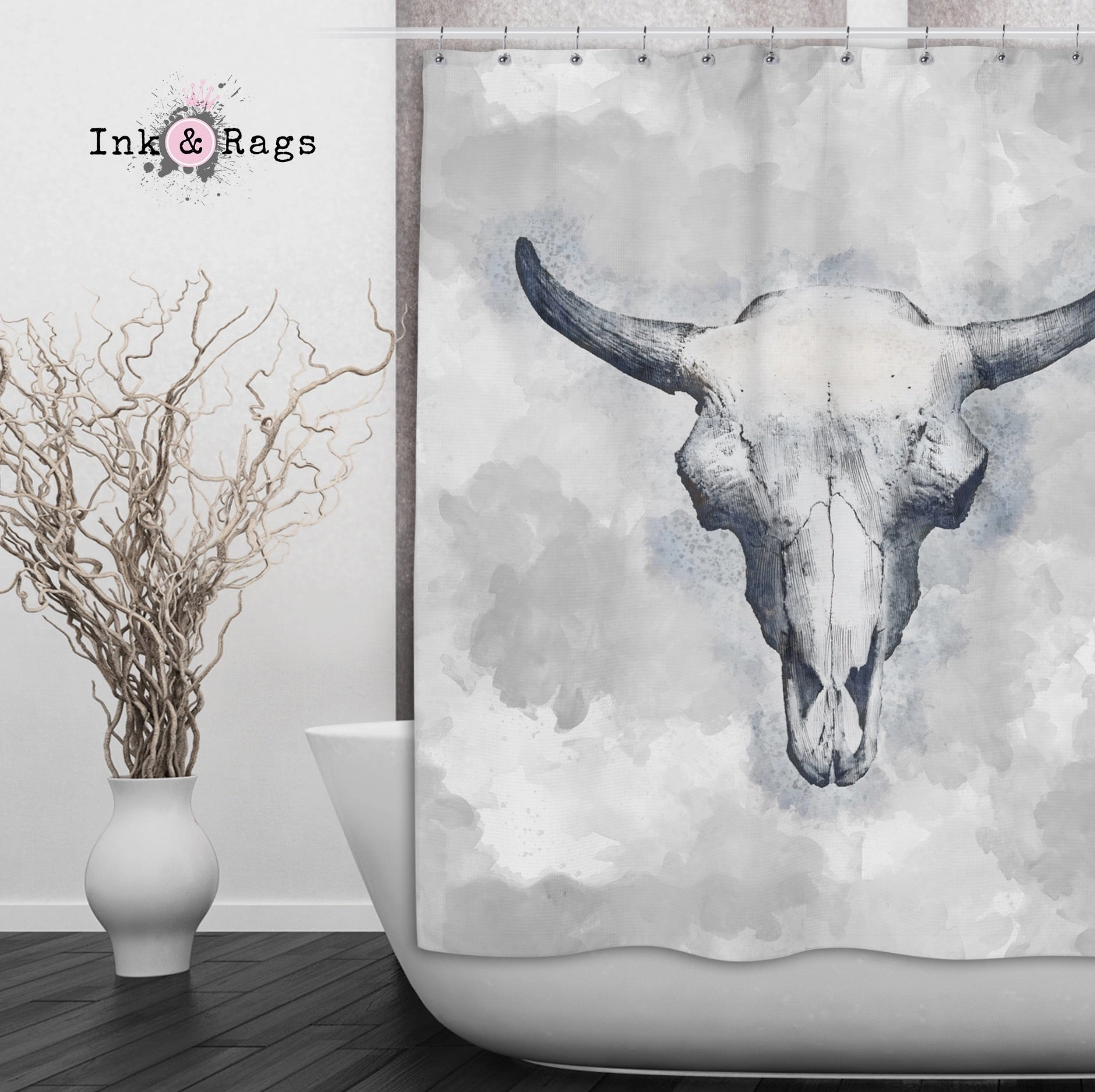 Blue Bull Cow Skull Shower Curtains and Optional Math Mats Lighting,Lamps Fixtures
