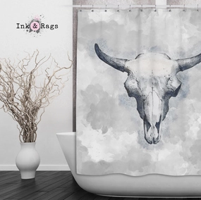 Blue Bull Cow Skull Shower Curtains and Optional Math Mats Lighting,Lamps Fixtures
