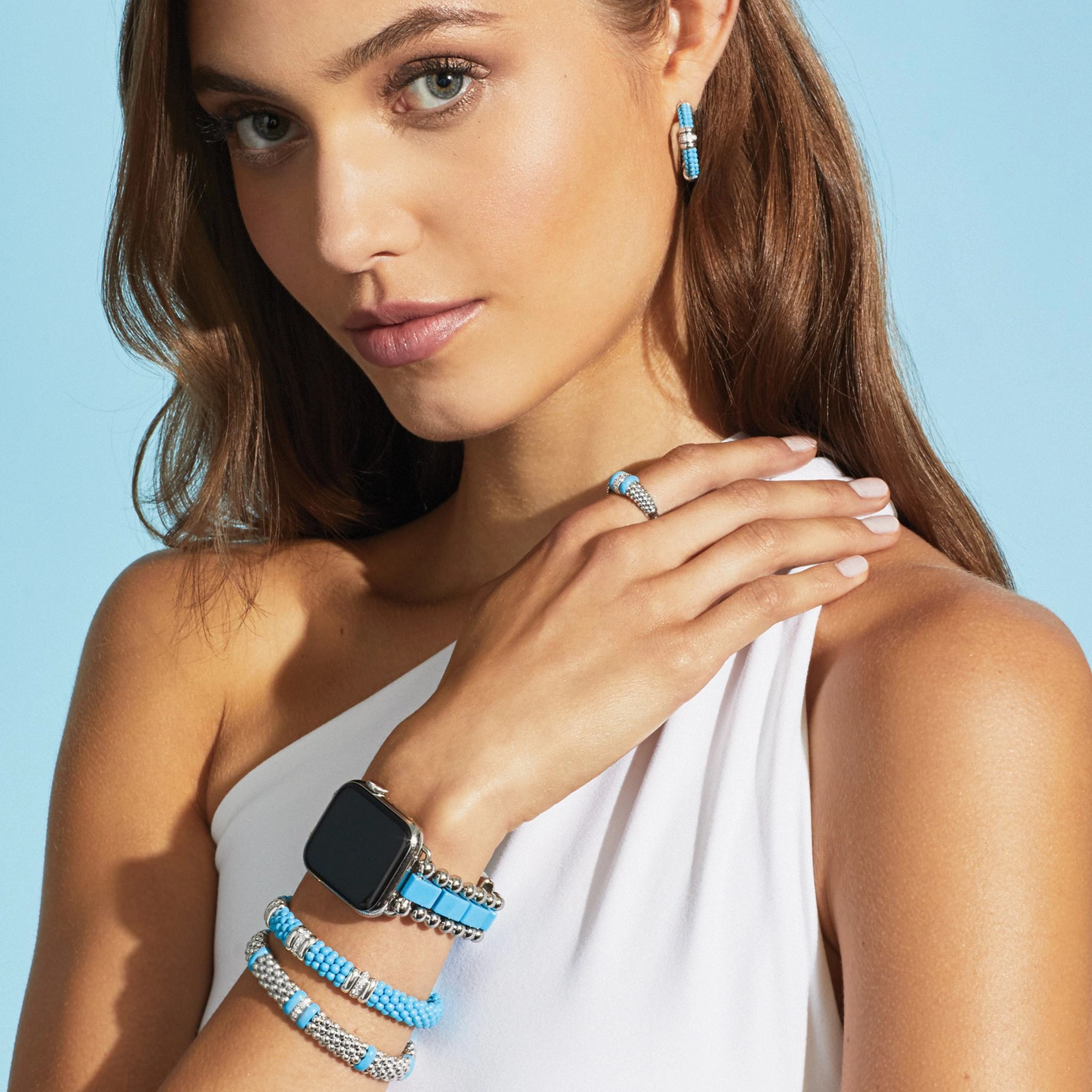 Blue Caviar Blue Ceramic and Diamond Hoop Earrings