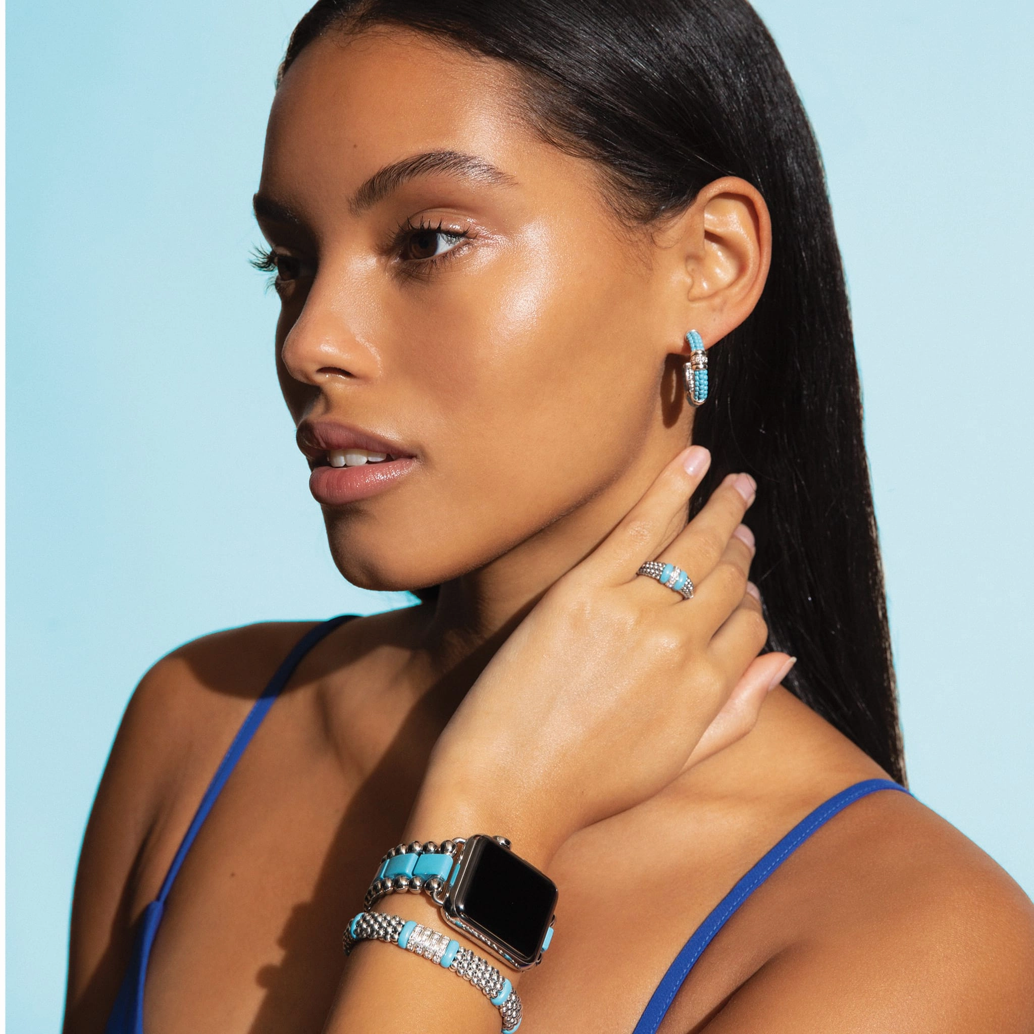 Blue Caviar Blue Ceramic and Diamond Hoop Earrings