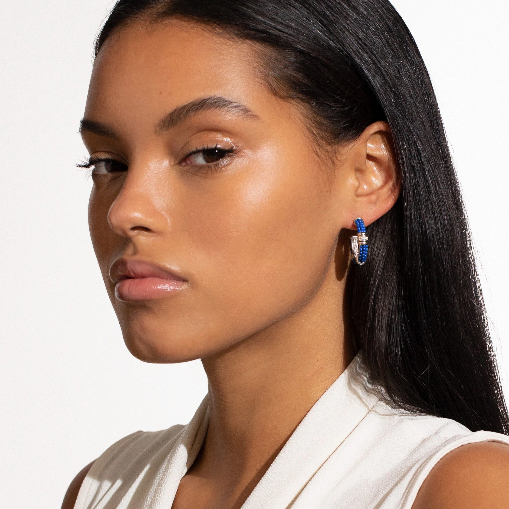 Blue Caviar Ultramarine Ceramic and Diamond Hoop Earrings