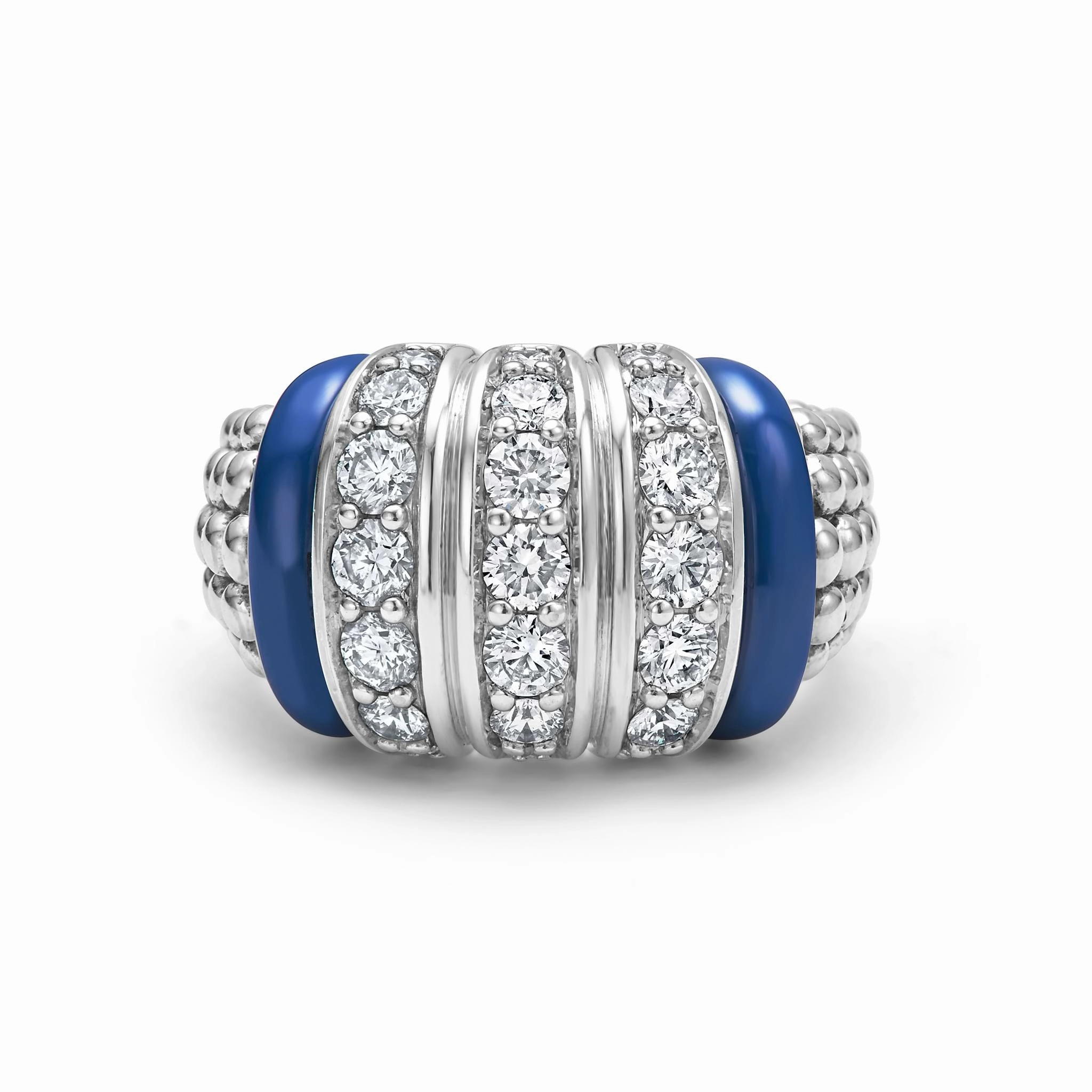Blue Caviar Ultramarine Three Station Ceramic Caviar Diamond Ring