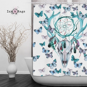 Blue Green Dreamcatcher Butterfly Buck Deer Skull Shower Curtains and Optional Bath Mats Lighting,Lamps Fixtures