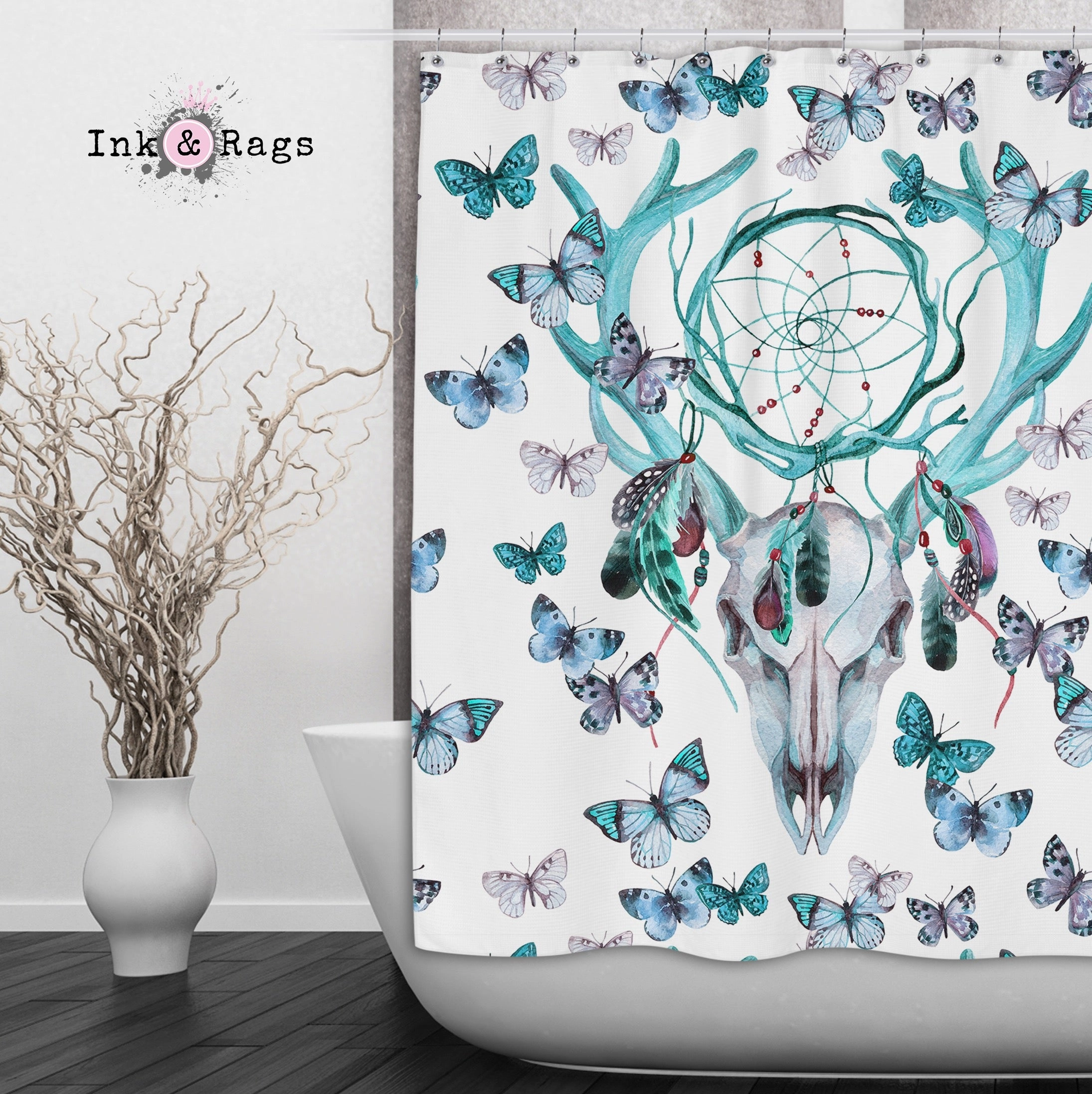 Blue Green Dreamcatcher Butterfly Buck Deer Skull Shower Curtains and Optional Bath Mats Lighting,Lamps Fixtures