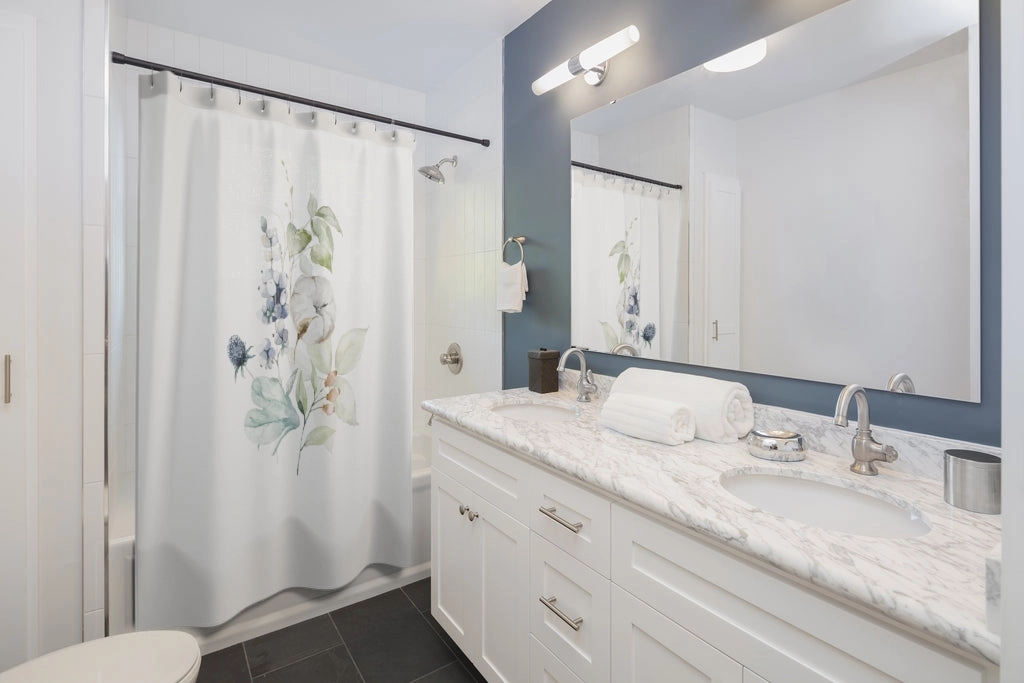 Blue Green Floral | White Shower Curtain