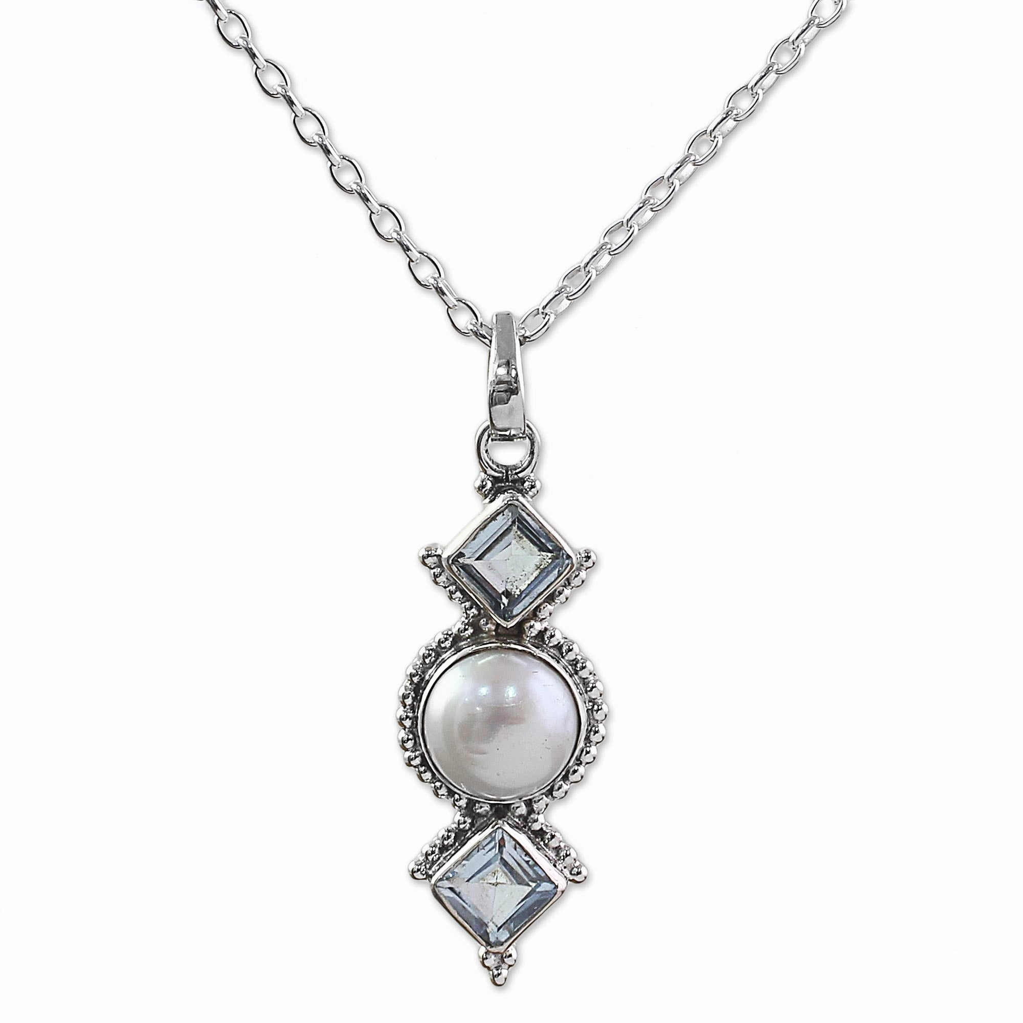 Blue Rays Cultured Pearl Blue Topaz Pendant Necklace from India
