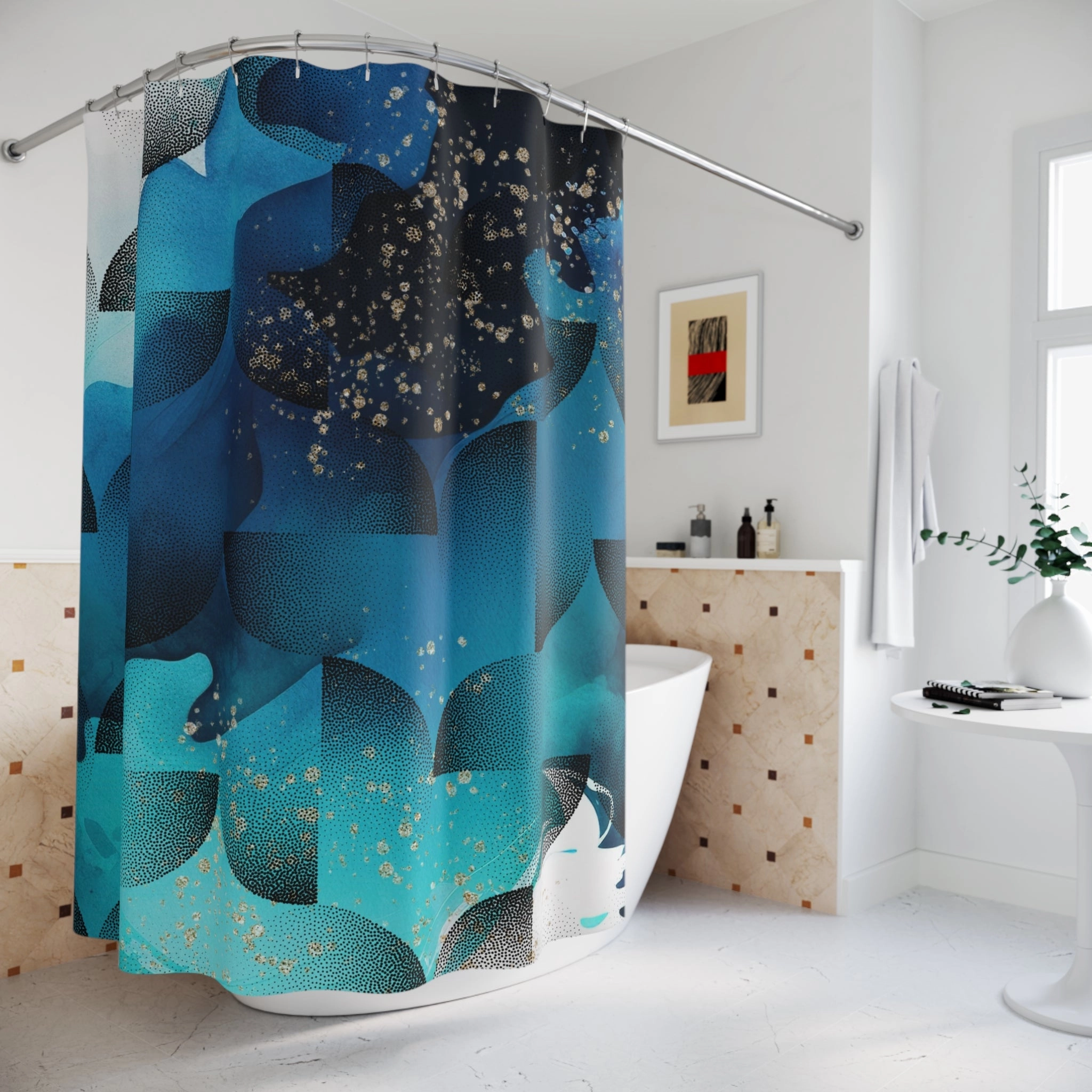 Blue Shower Curtain | Geometric, Navy Teal Blue Black