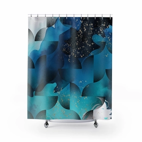 Blue Shower Curtain | Geometric, Navy Teal Blue Black Lighting,Home Lighting