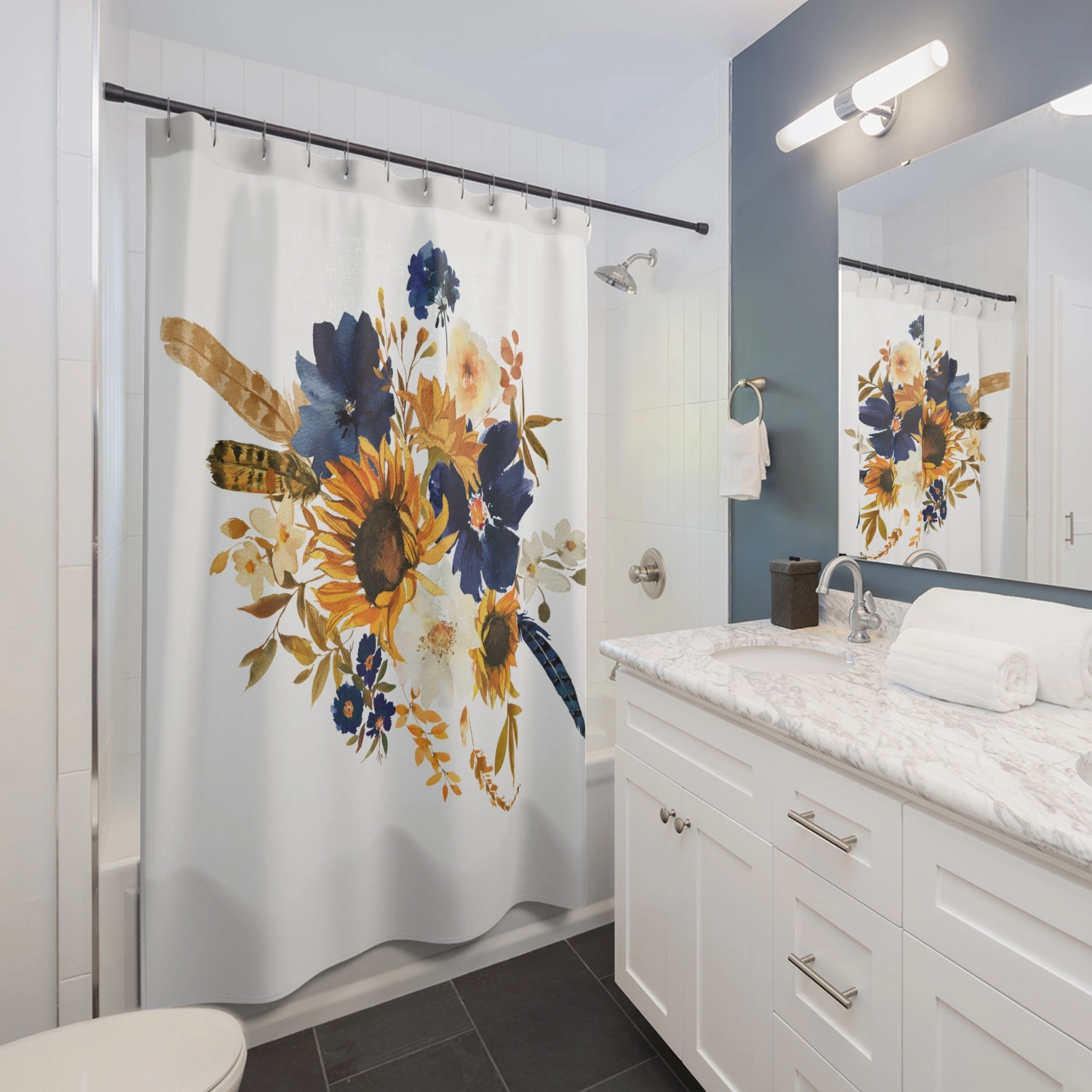 Bohemian Floral Shower Curtain | Boho Sunflowers, Yellow Blue White