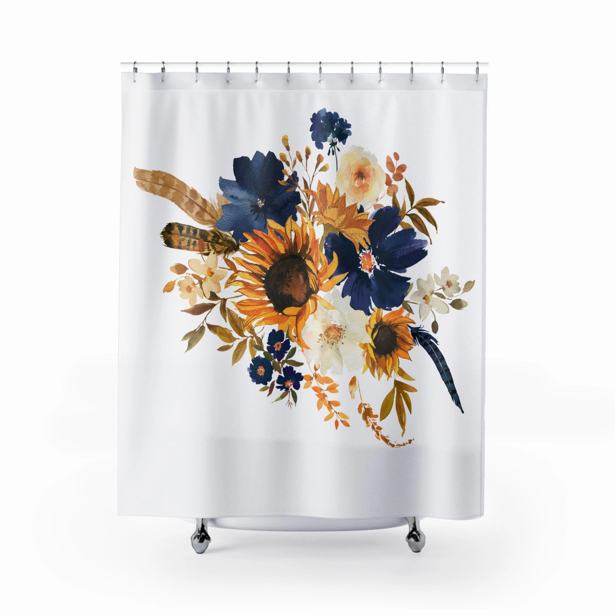 Bohemian Floral Shower Curtain | Boho Sunflowers, Yellow Blue White Lighting,Home Lighting