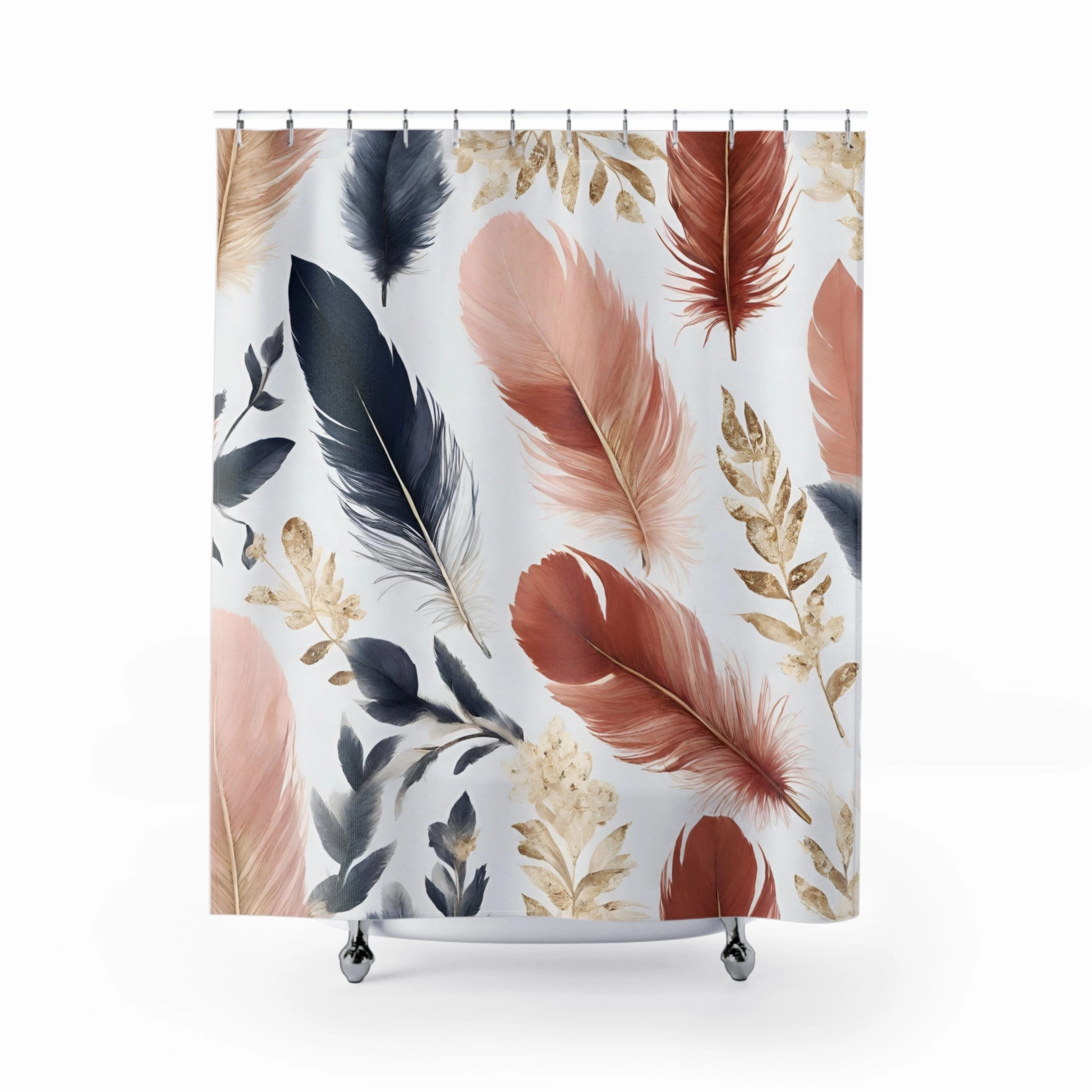 Bohemian Shower Curtain | Feathers Pink, Navy Blue Lighting,Home Lighting