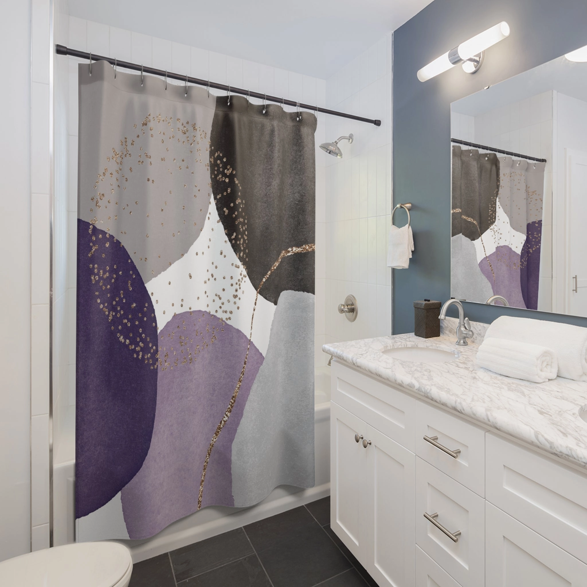 Boho Abstract Shower Curtain | Modern Black Lavender Purple, Grey Bathroom Lighting,Home Lighting