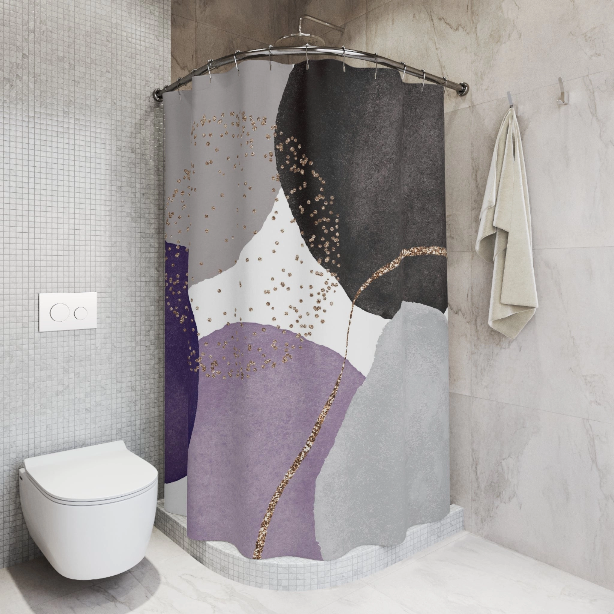 Boho Abstract Shower Curtain | Modern Black Lavender Purple, Grey Bathroom
