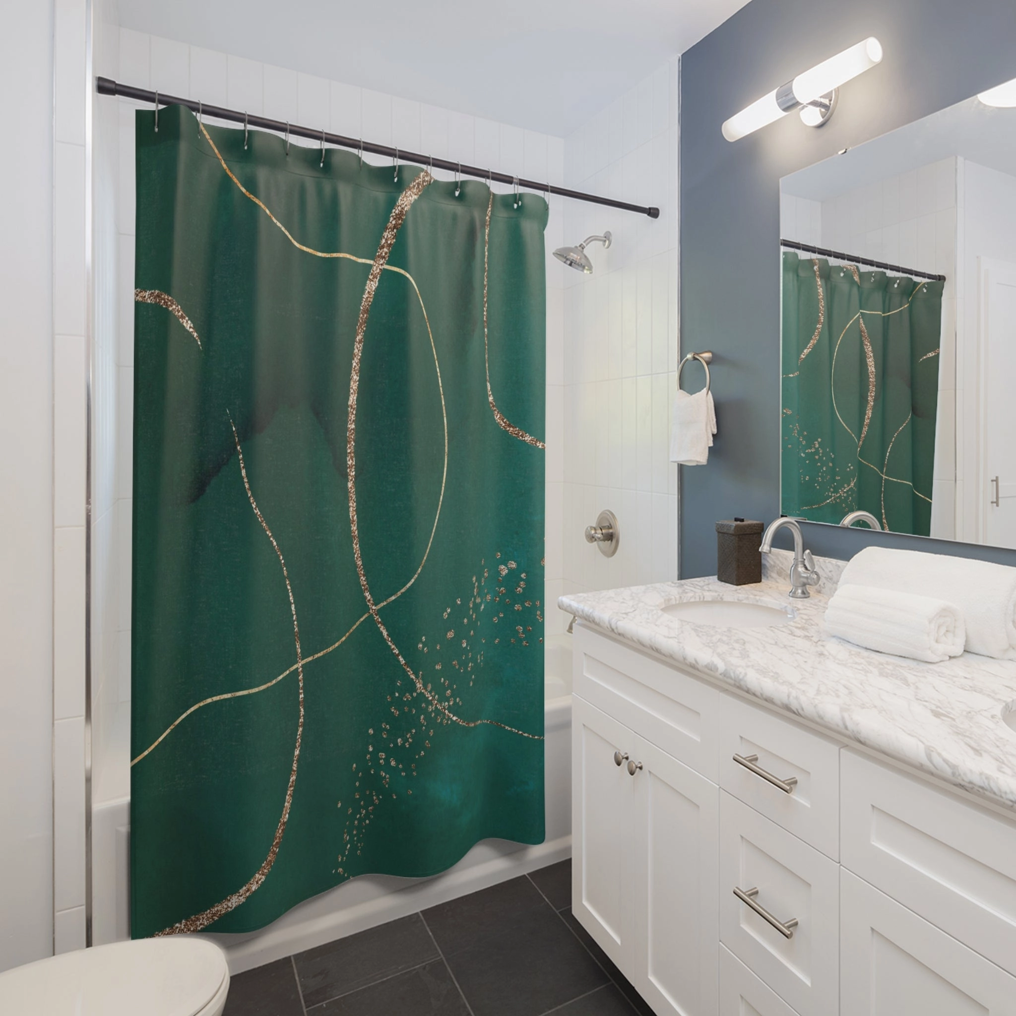 Boho Abstract Shower Curtain | Modern Green, Muted Gold Watercolor