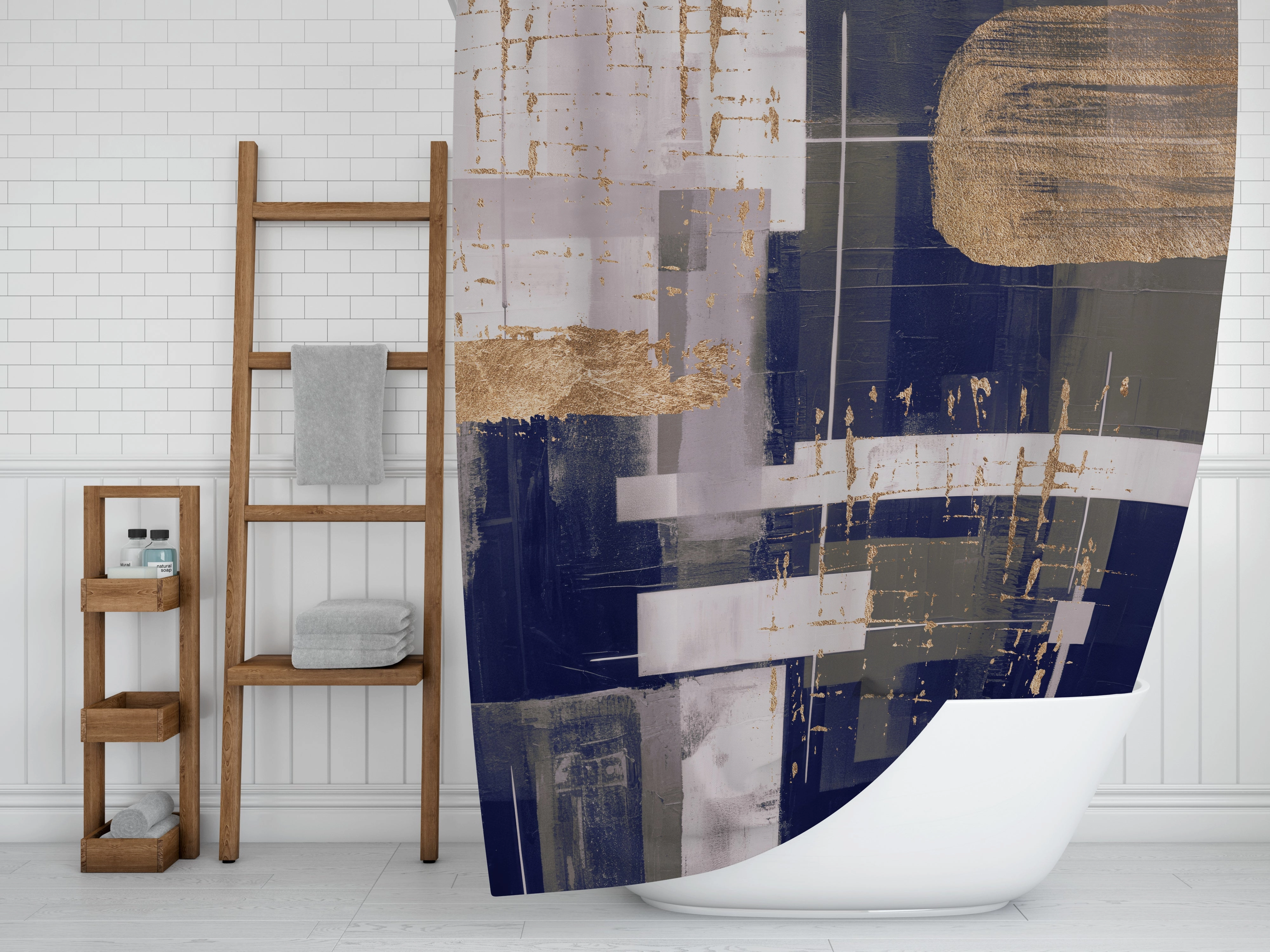 Boho Abstract Shower Curtain | Modern Navy Grey, Muted Gold Lighting,Home Lighting