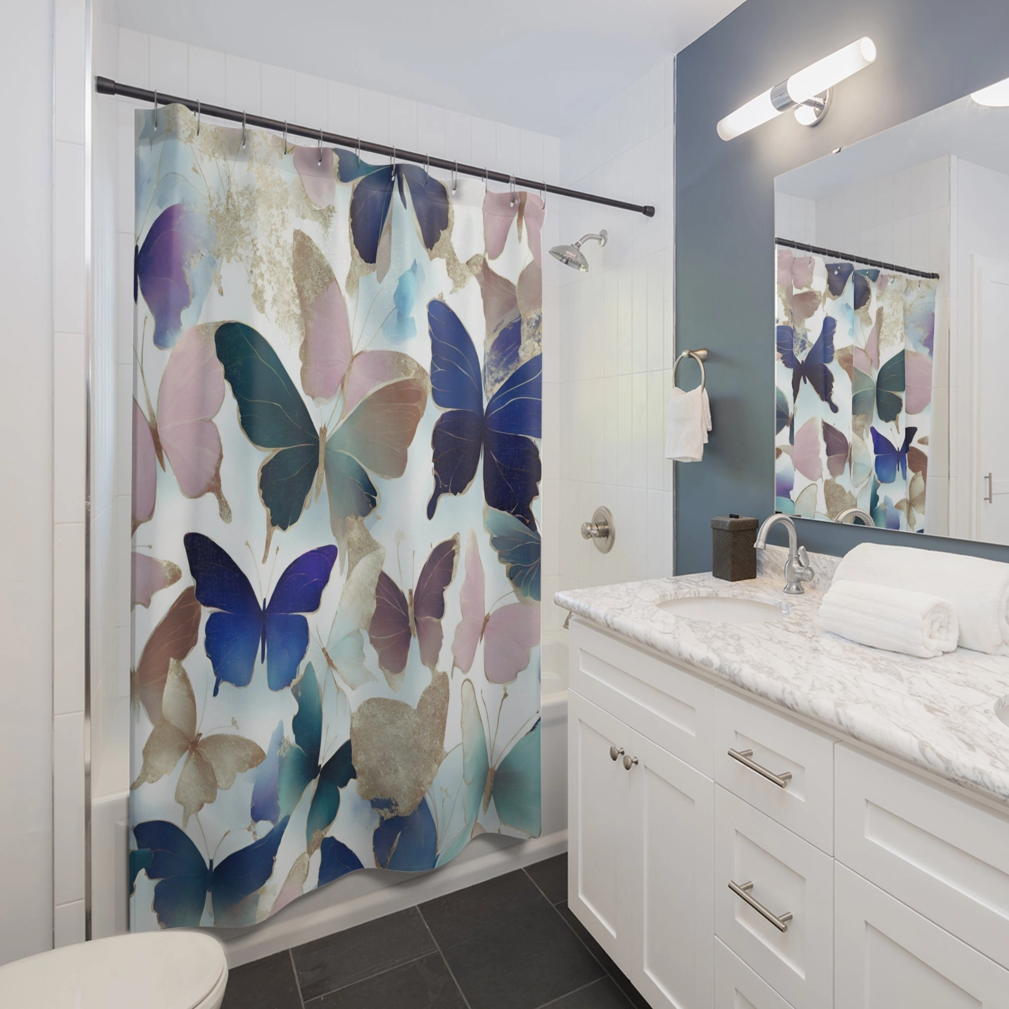 Boho Butterflies Shower Curtain | Teal Green, Blue Pink, Colorful