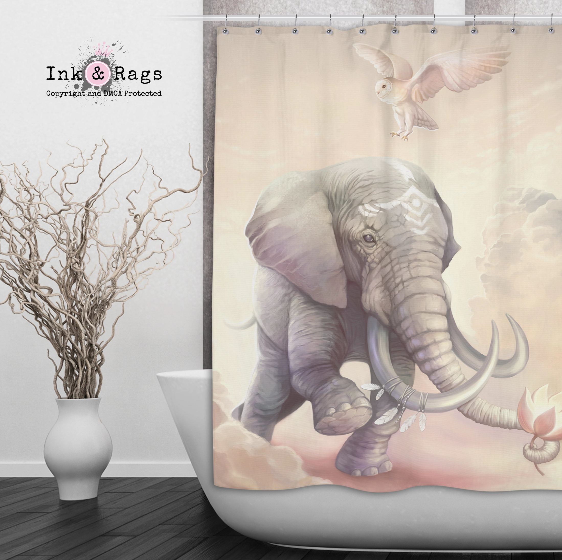 Boho Elephant Owl and Lotus Shower Curtains and Optional Bath Mats Lighting,Lamps Fixtures
