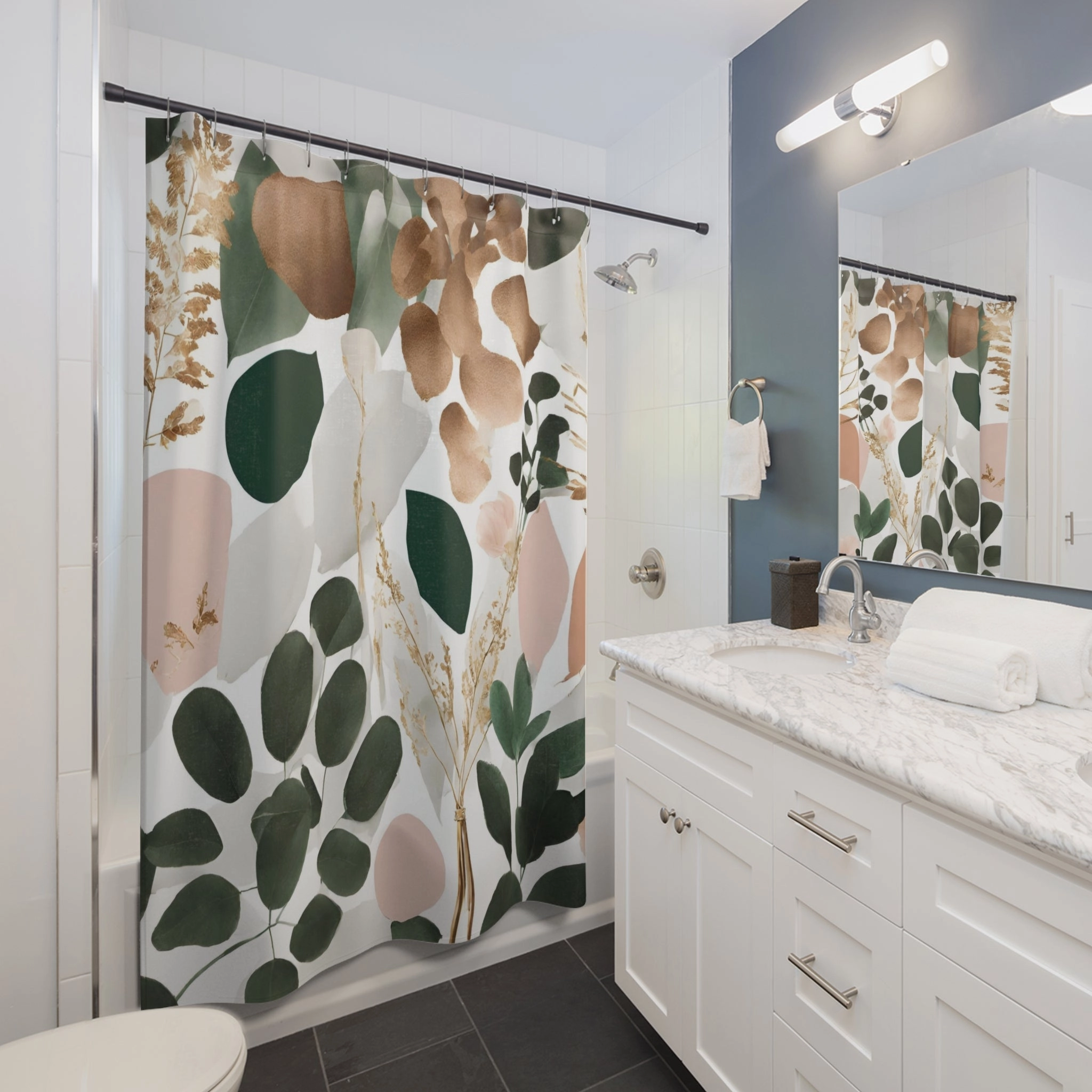 Boho Floral Shower Curtain | Colorful Emerald Green, Pink White Eucalyptus Leaves