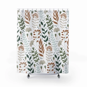 Boho Floral Shower Curtain | Fall Autumn Sage Green, Rust White Leaves Lighting,Home Lighting