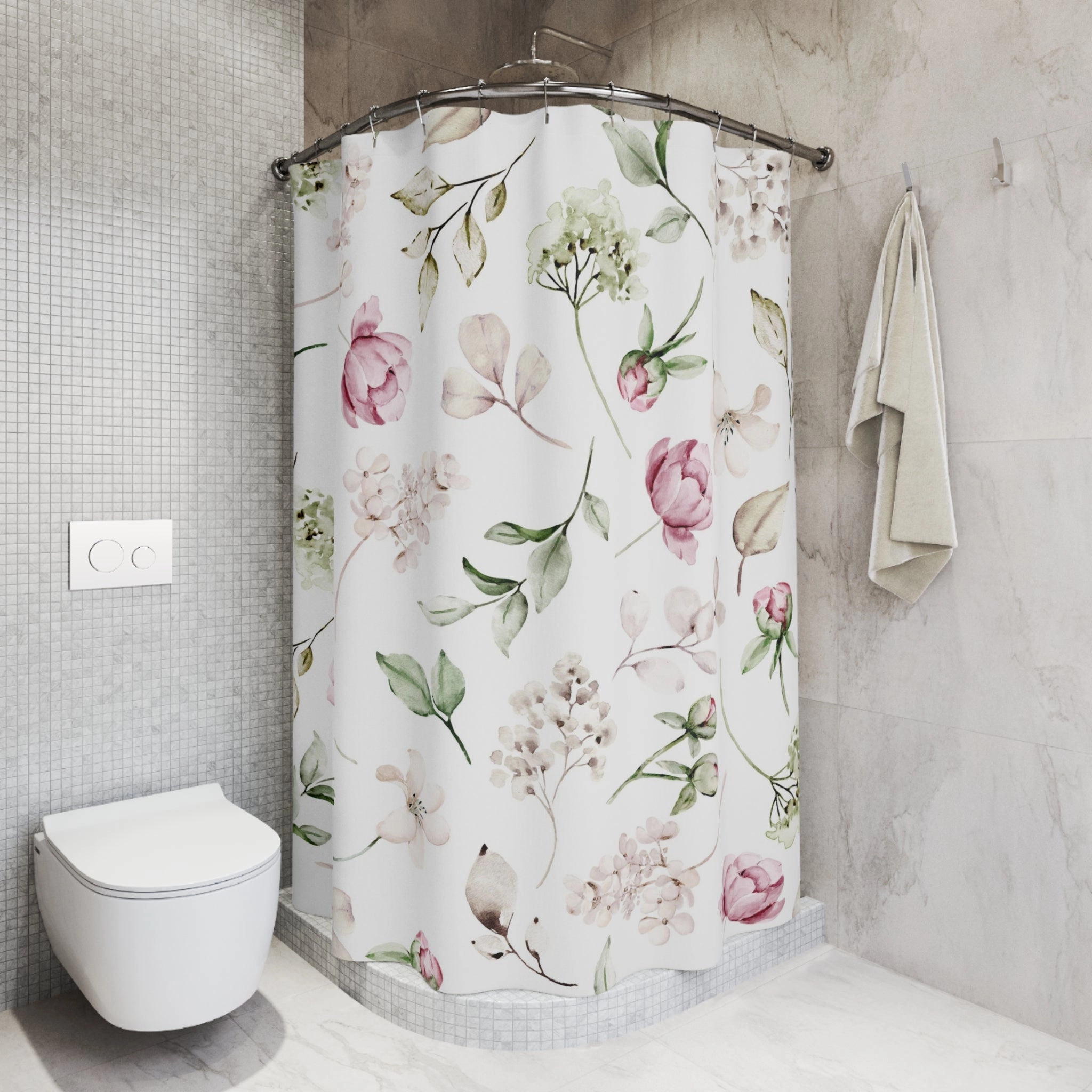 Boho Floral Shower Curtain | White Sage Green, Blush Pink Peonies