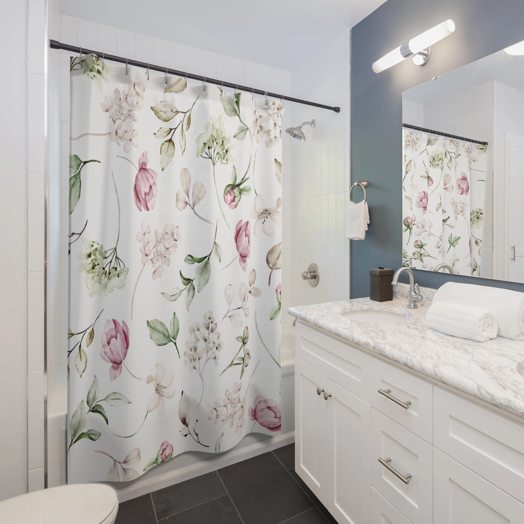 Boho Floral Shower Curtain | White Sage Green, Blush Pink Peonies