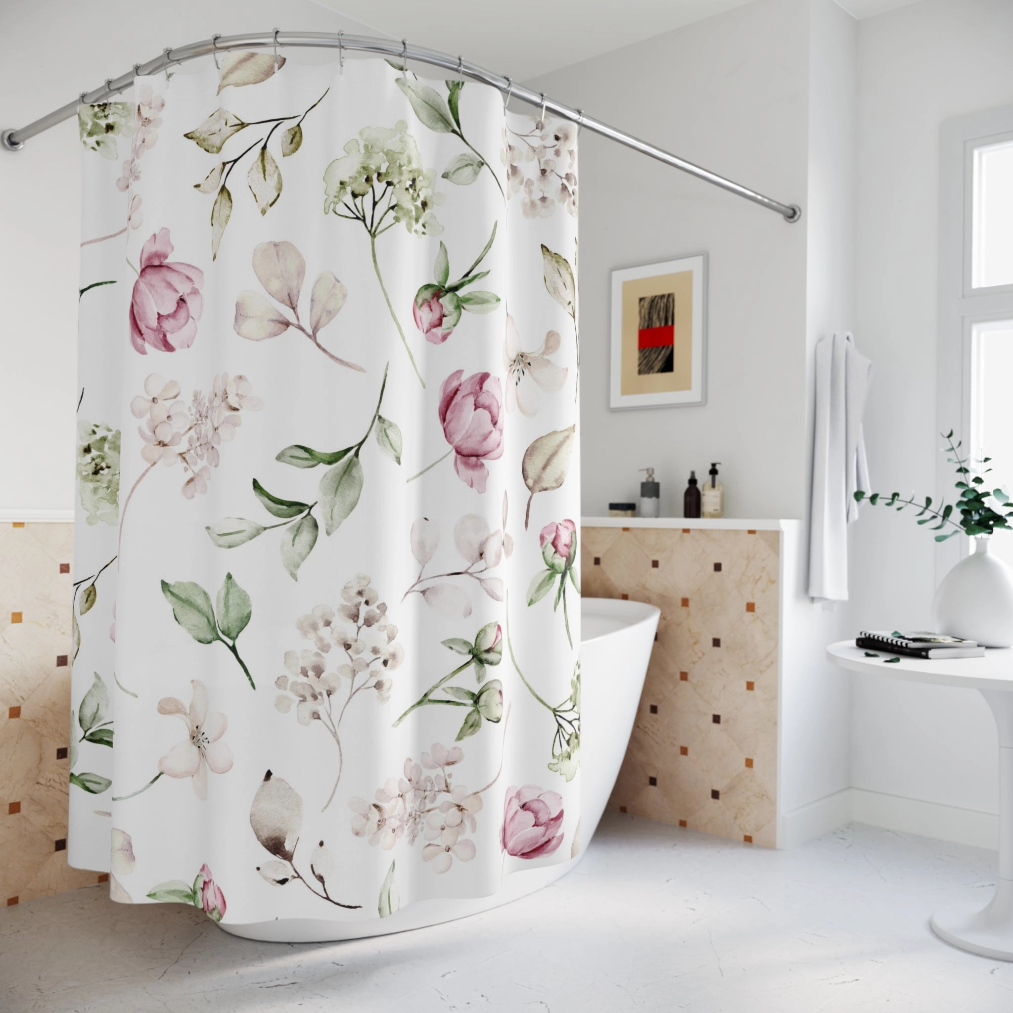 Boho Floral Shower Curtain | White Sage Green, Blush Pink Peonies