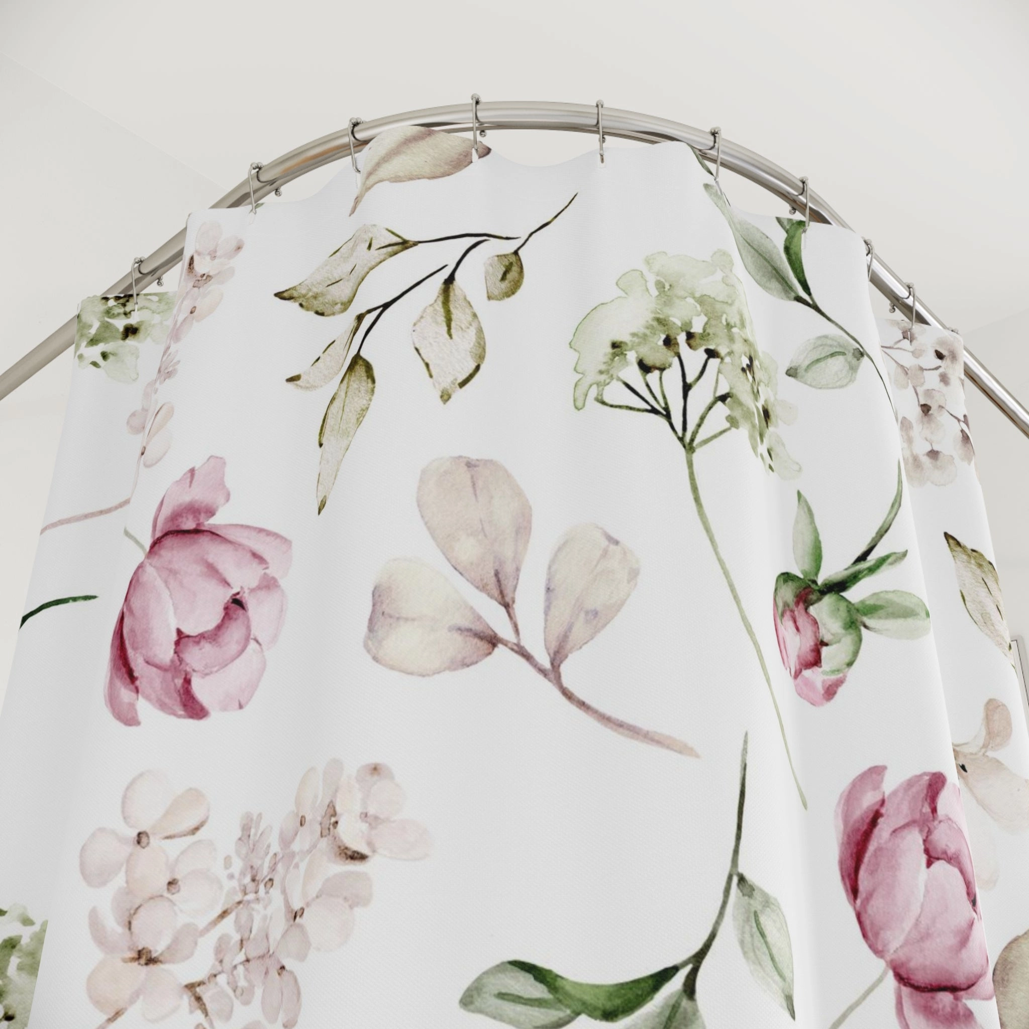 Boho Floral Shower Curtain | White Sage Green, Blush Pink Peonies