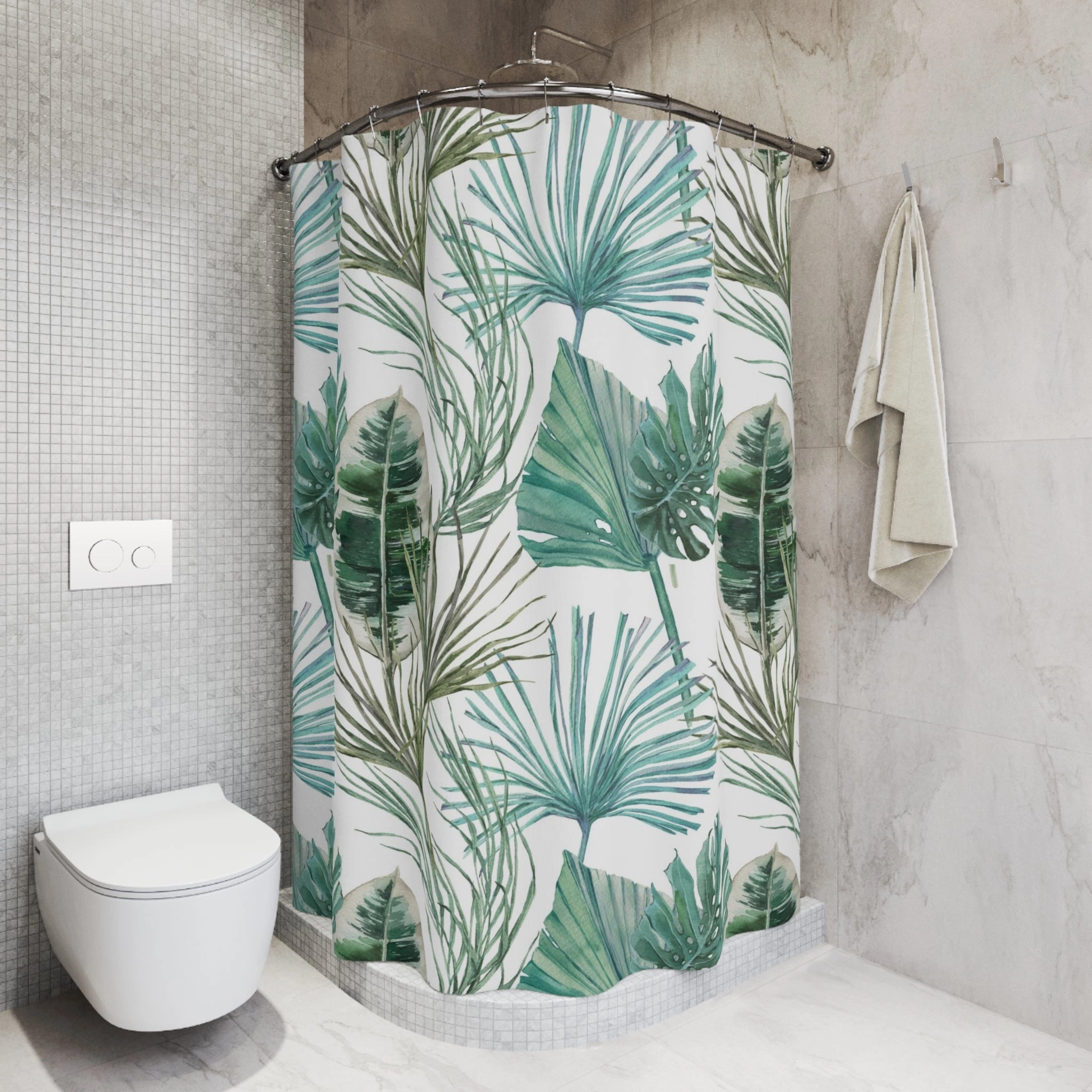 Boho Floral Shower Curtain | White Sage, Teal Green Jungle Leaves