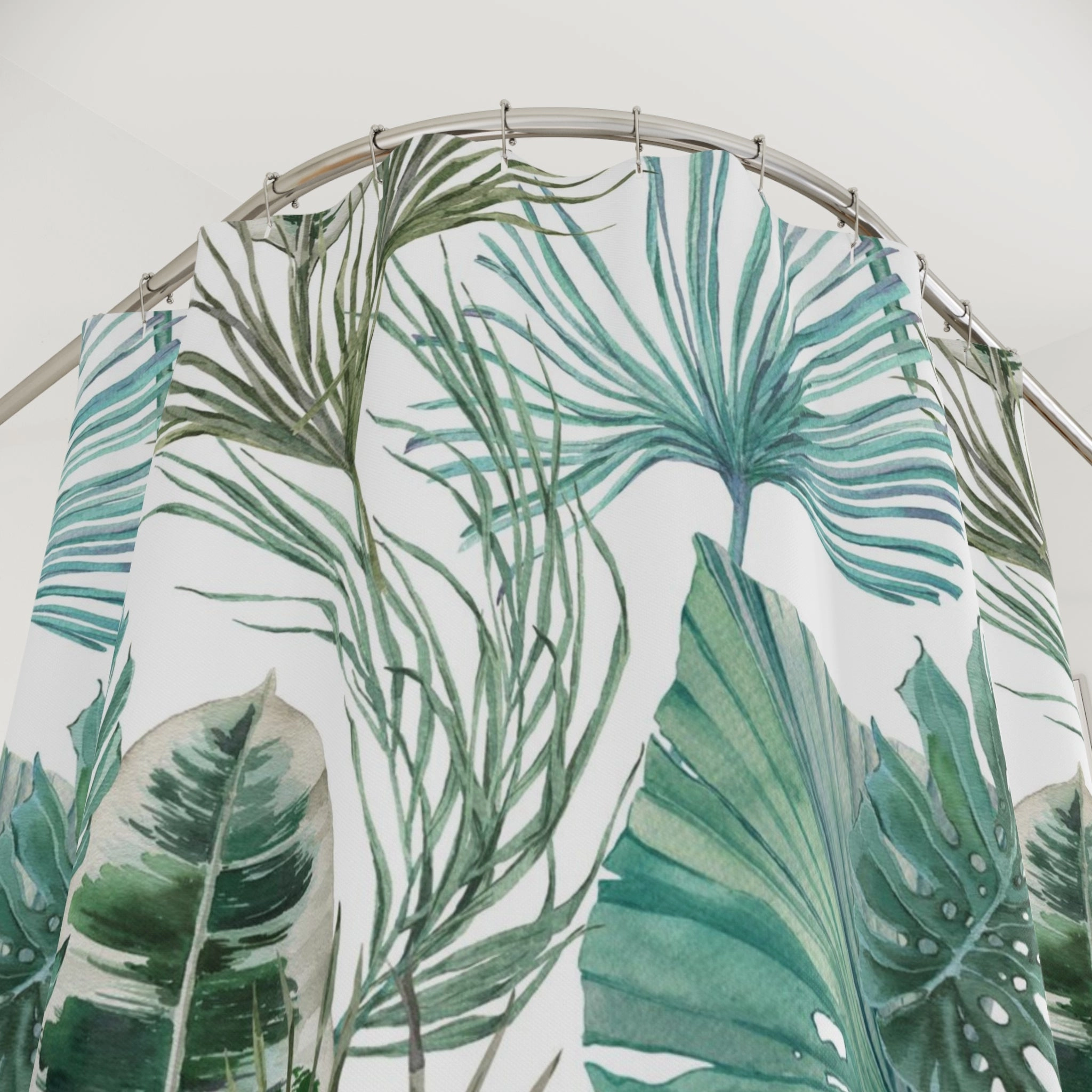 Boho Floral Shower Curtain | White Sage, Teal Green Jungle Leaves