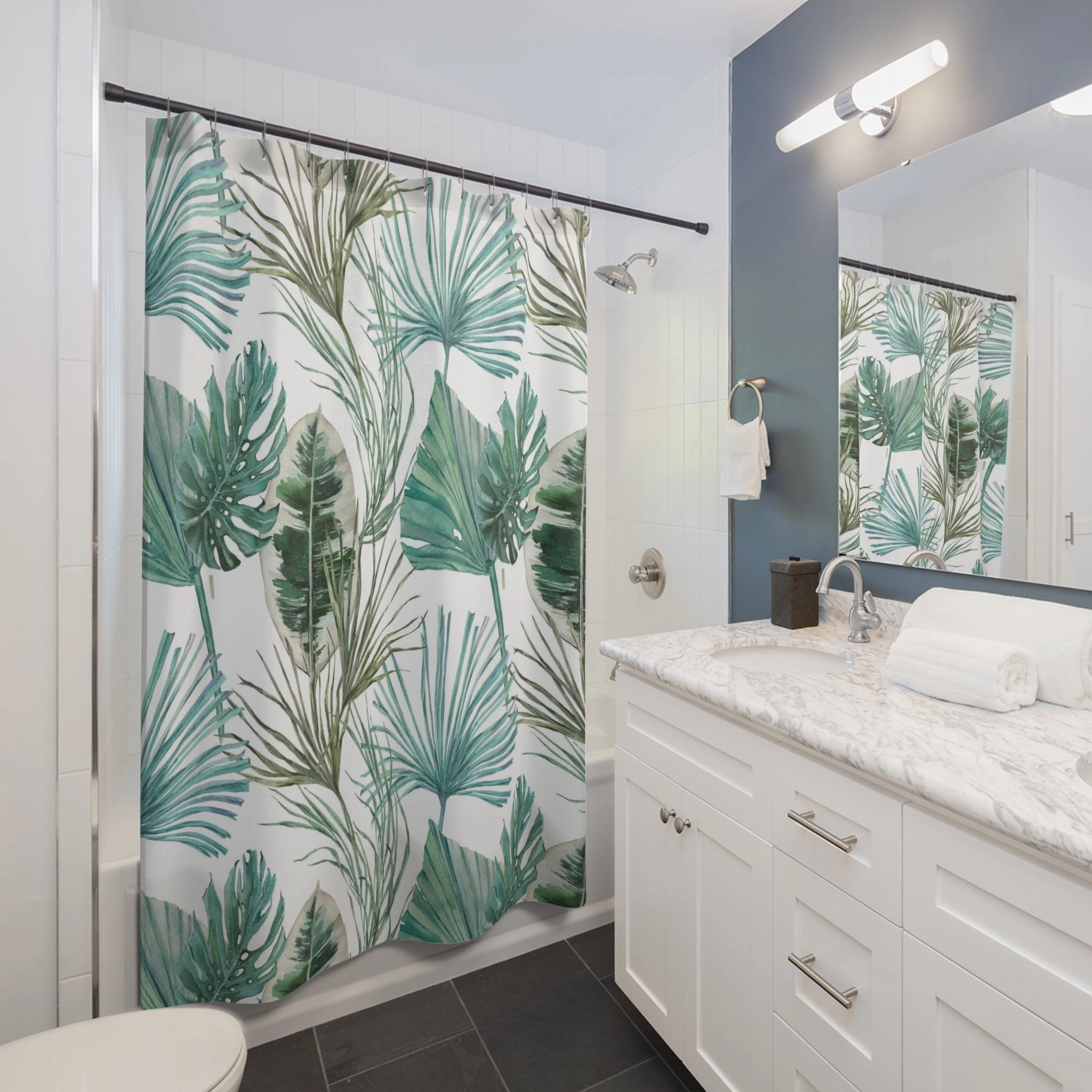 Boho Floral Shower Curtain | White Sage, Teal Green Jungle Leaves