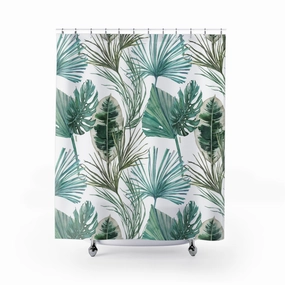 Boho Floral Shower Curtain | White Sage, Teal Green Jungle Leaves Lighting,Home Lighting