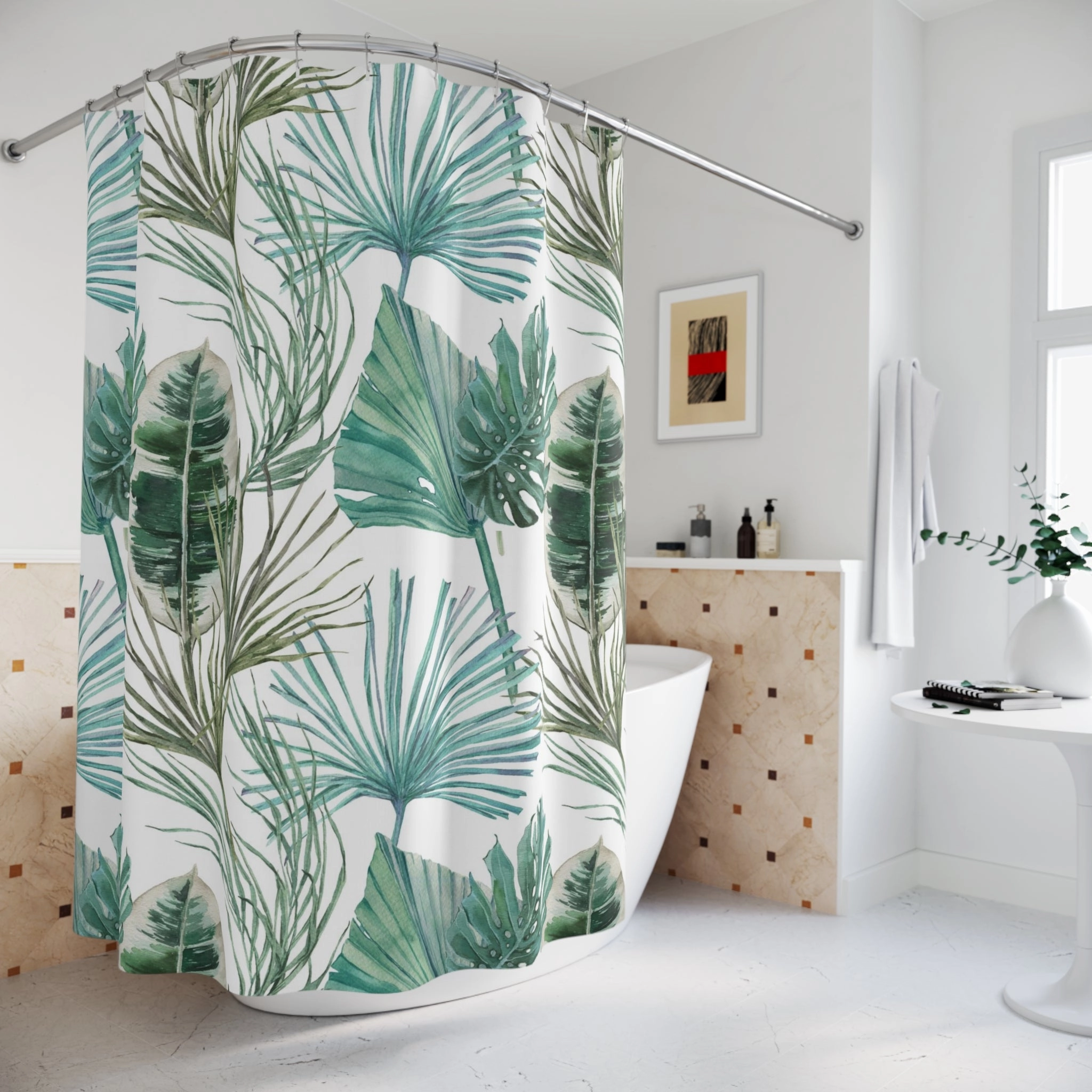 Boho Floral Shower Curtain | White Sage, Teal Green Jungle Leaves