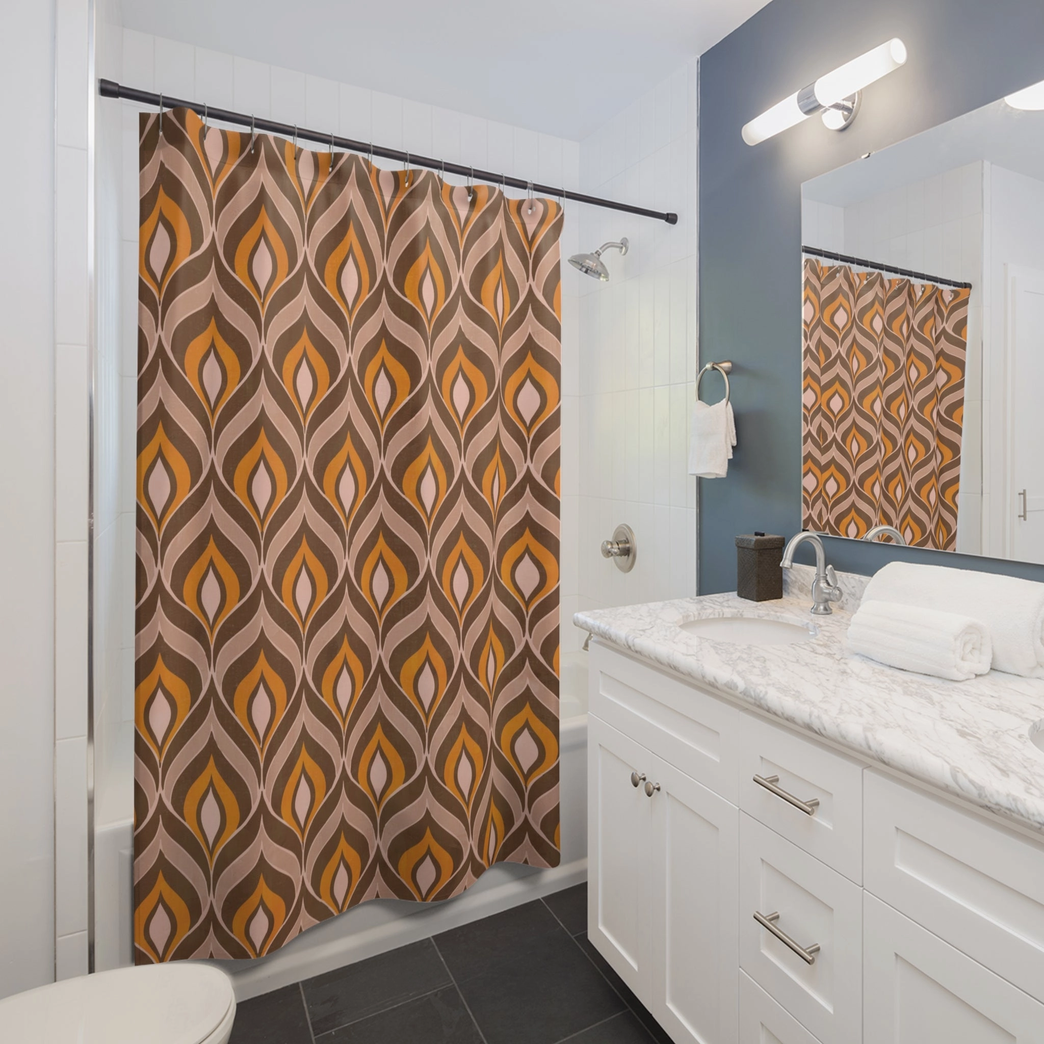 Boho Retro Shower Curtain | Dark Brown Burnt Orange Beige