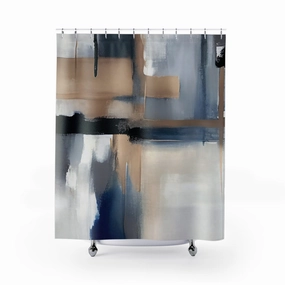 Boho Shower Curtain | Abstract Beige Grey, Navy Denim Blue, White Lighting,Home Lighting
