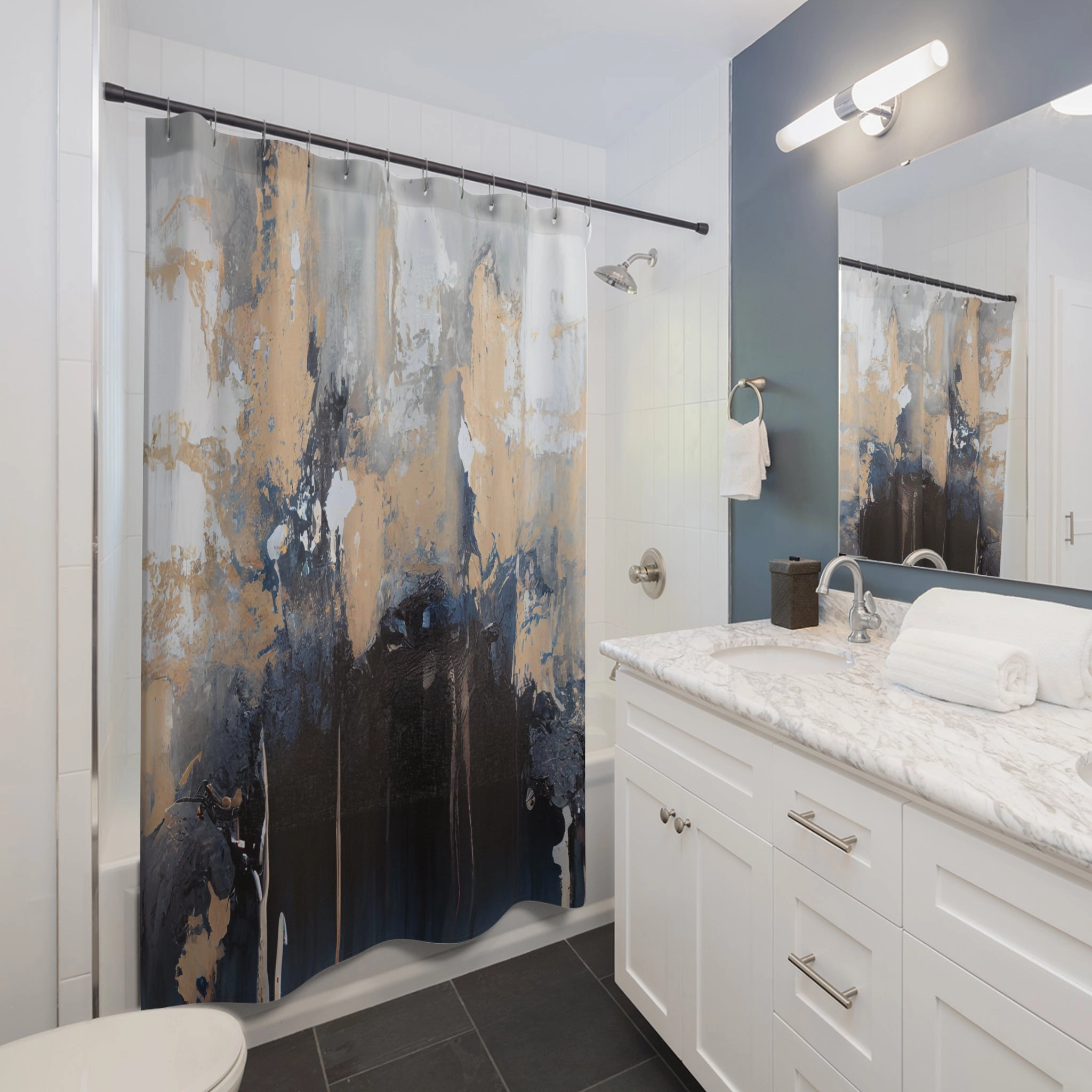 Boho Shower Curtain | Abstract Black Navy Blue, Beige Grey