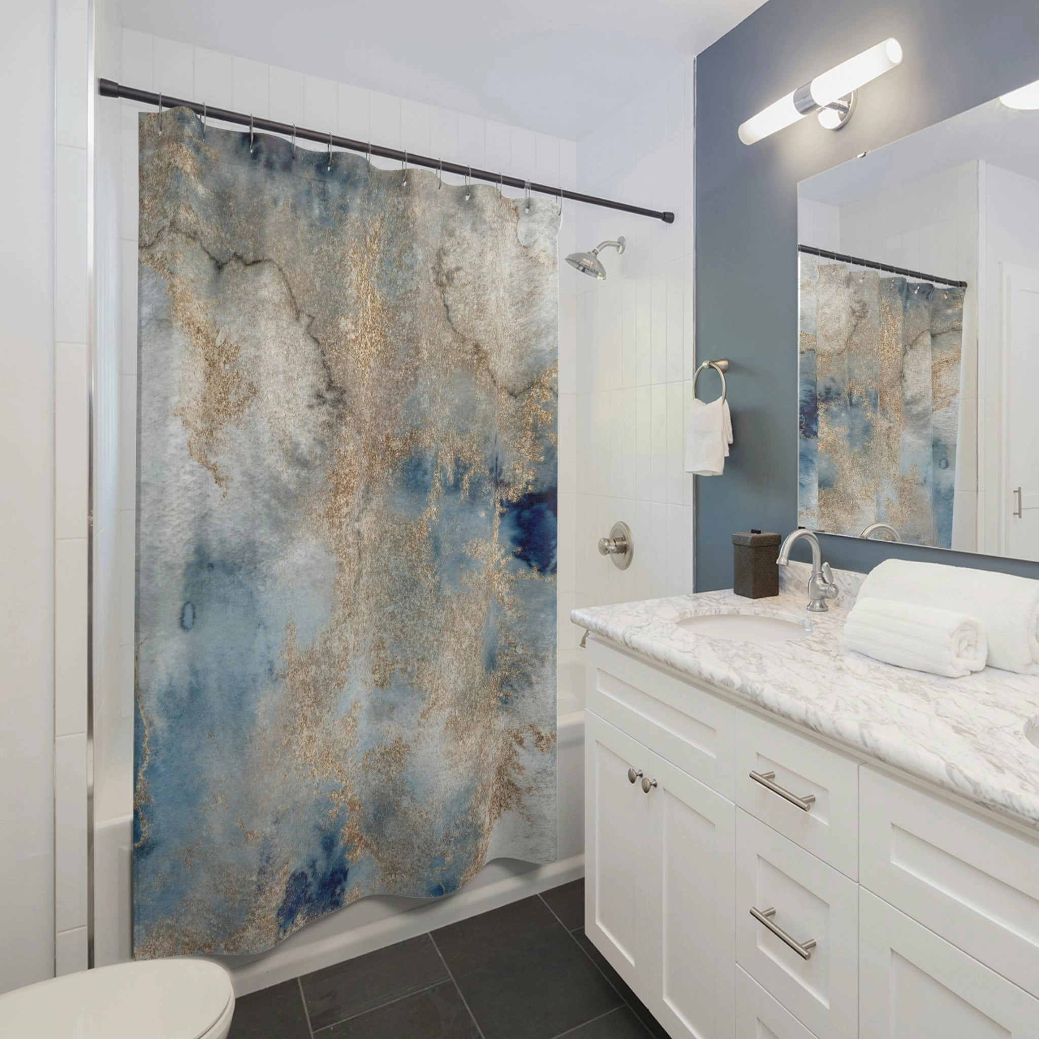 boho shower curtain | abstract blue beige