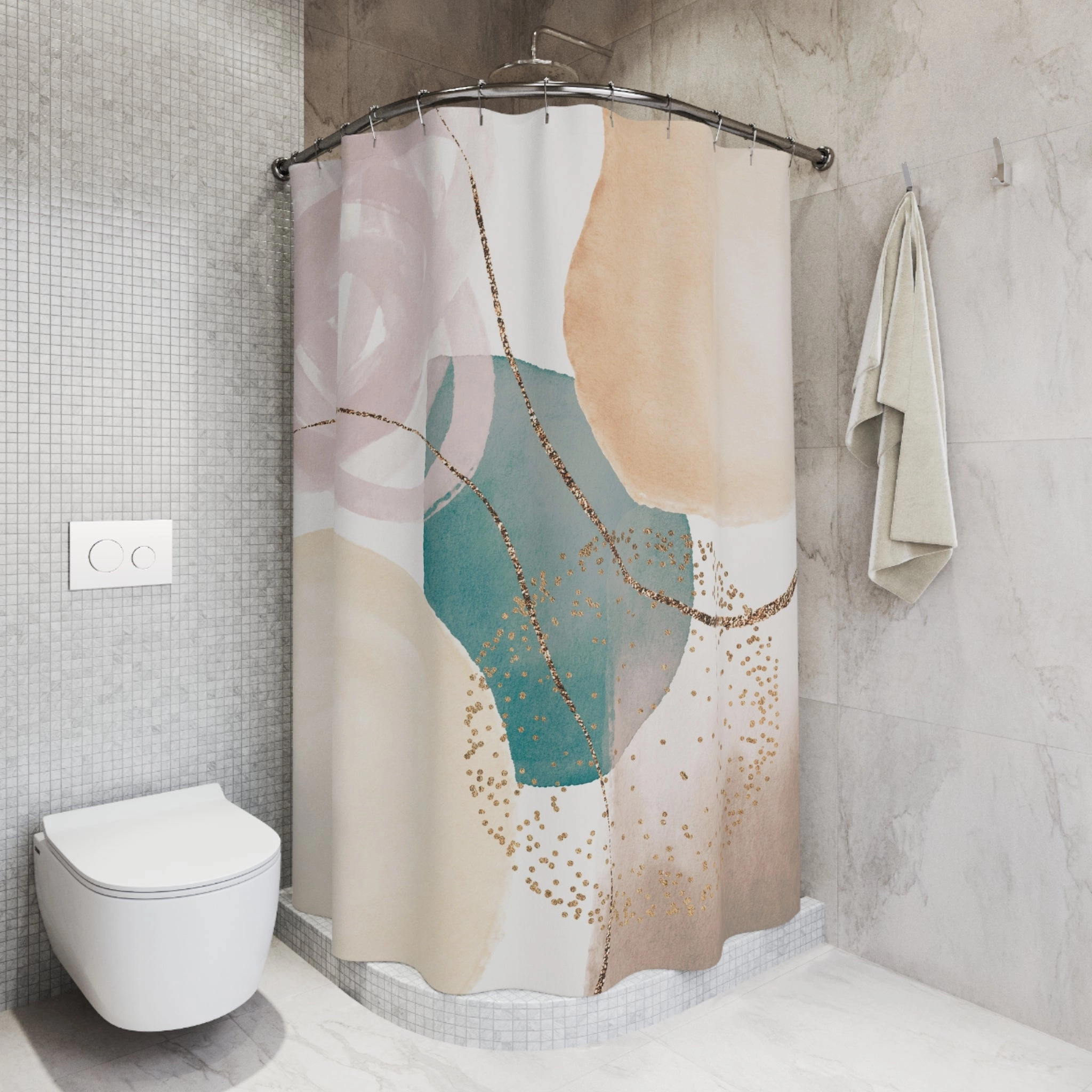 Boho Shower Curtain | Abstract Blush Beige, Teal Green