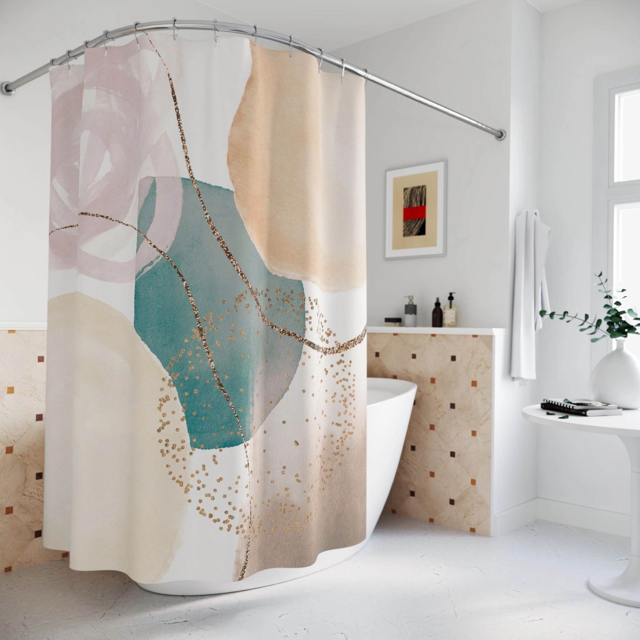 Boho Shower Curtain | Abstract Blush Beige, Teal Green