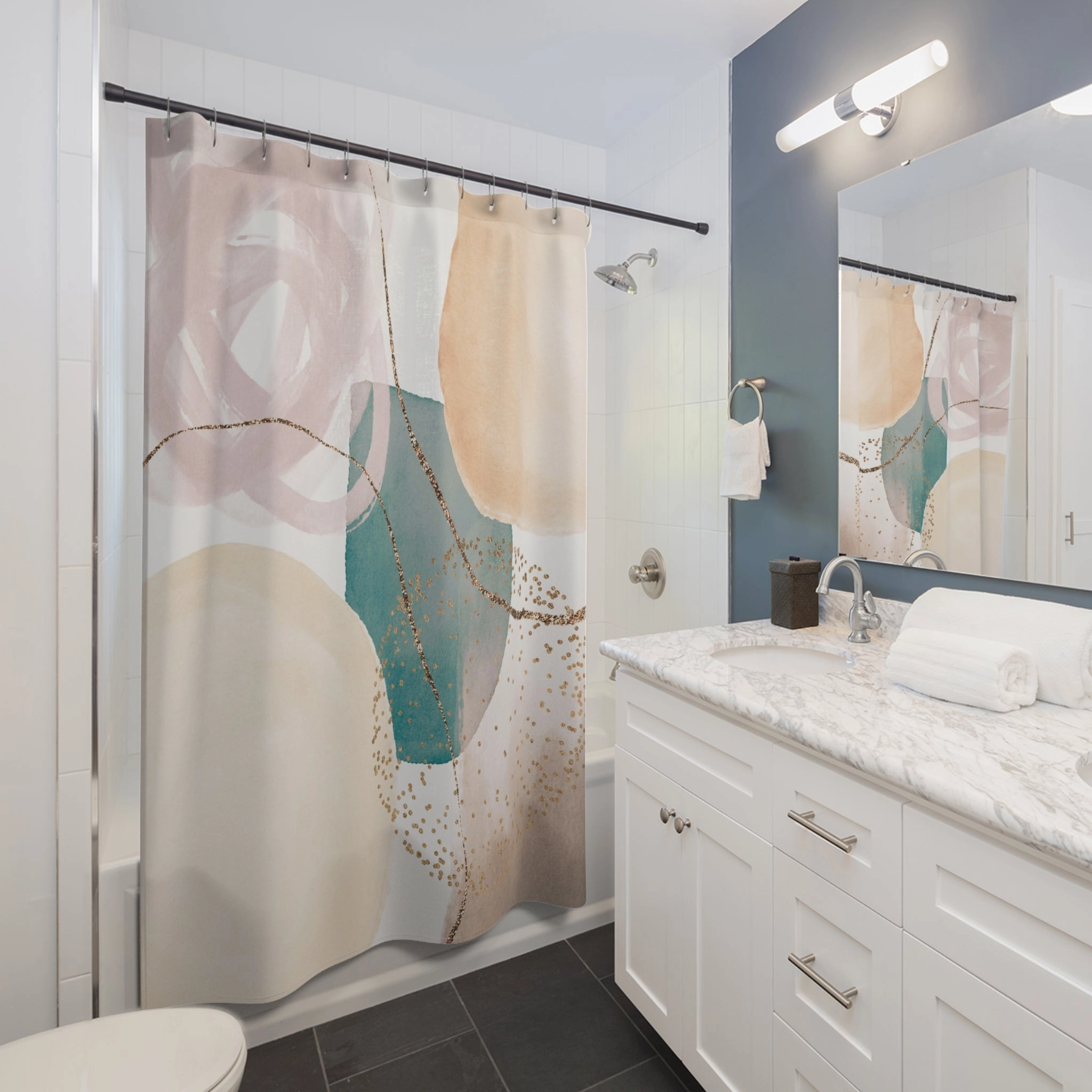Boho Shower Curtain | Abstract Blush Beige, Teal Green