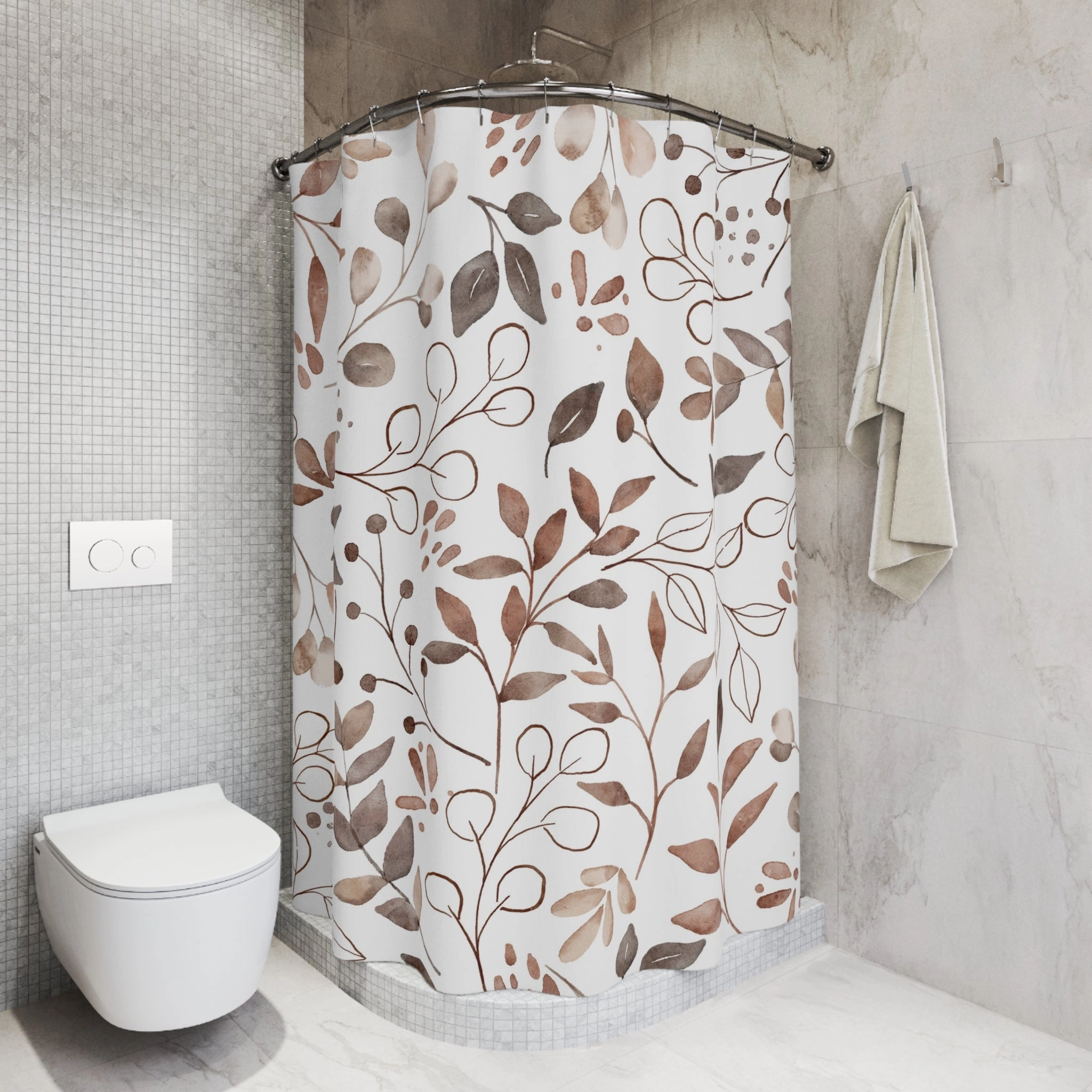 Boho Shower Curtain | Abstract Floral Leaves, Brown White